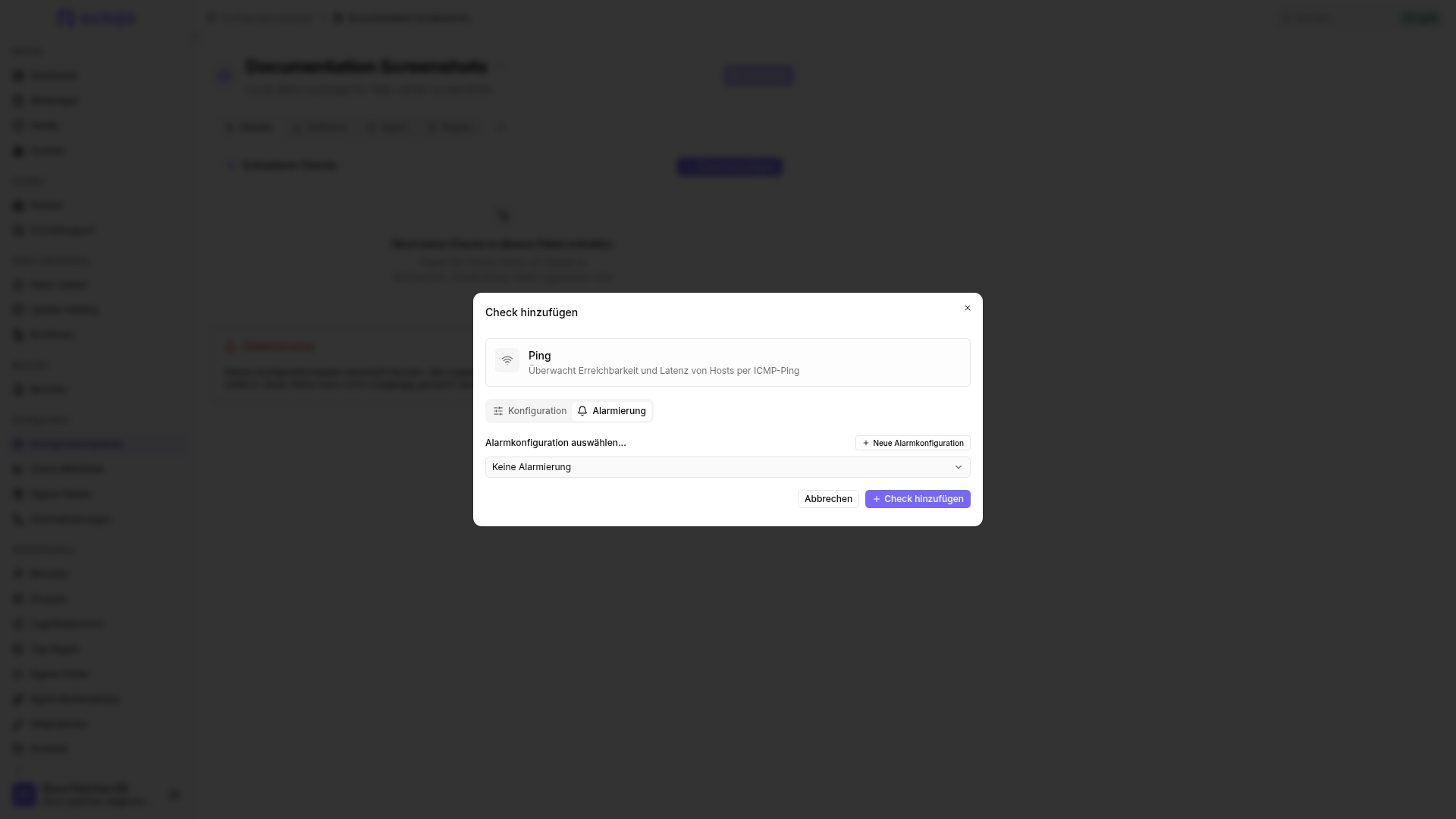 Der Check-Editor eines Konfigurationspakets im Tab „Alarmierung“ mit der Auswahl „Keine Alarmierung“ und der Aktion „Neue Alarmkonfiguration“