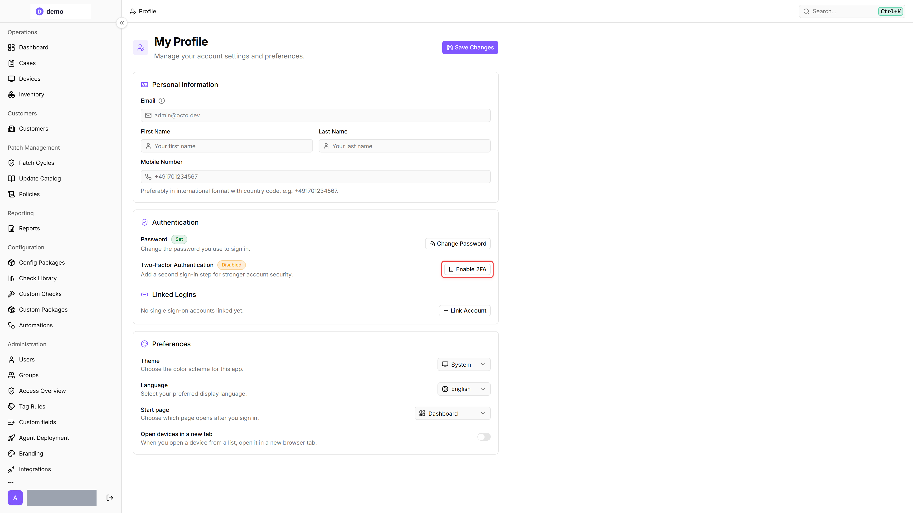 Seite Mein Profil, Bereich Authentifizierung, mit der als Deaktiviert markierten Zeile Zwei-Faktor-Authentifizierung und dem rot umrandeten Button 2FA einrichten, unterhalb von Passwort ändern und oberhalb von Verknüpfte Anmeldungen