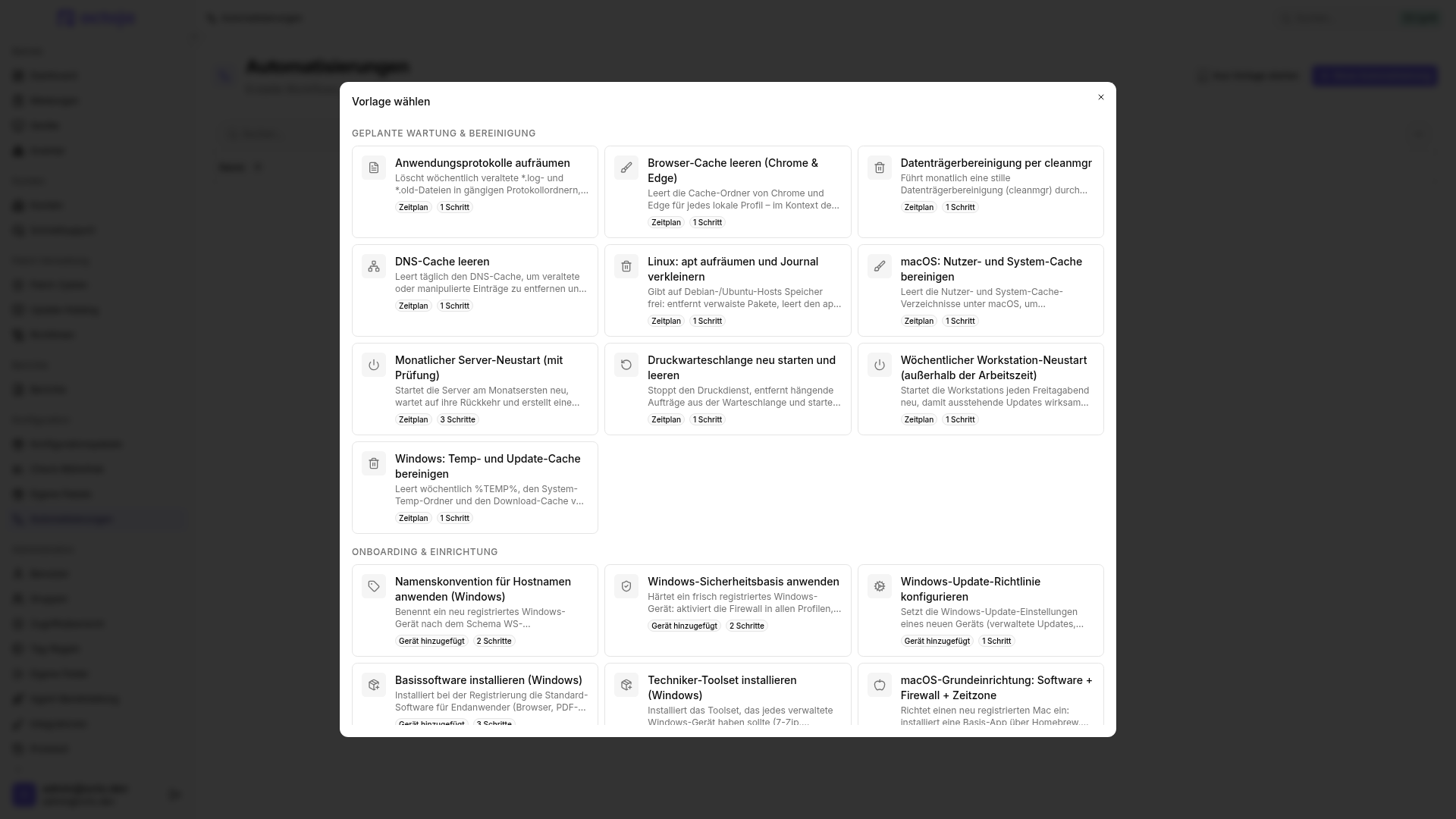 Die Vorlagenauswahl für Automatisierungen mit der Vorlage „Sofortiger Neustart“.