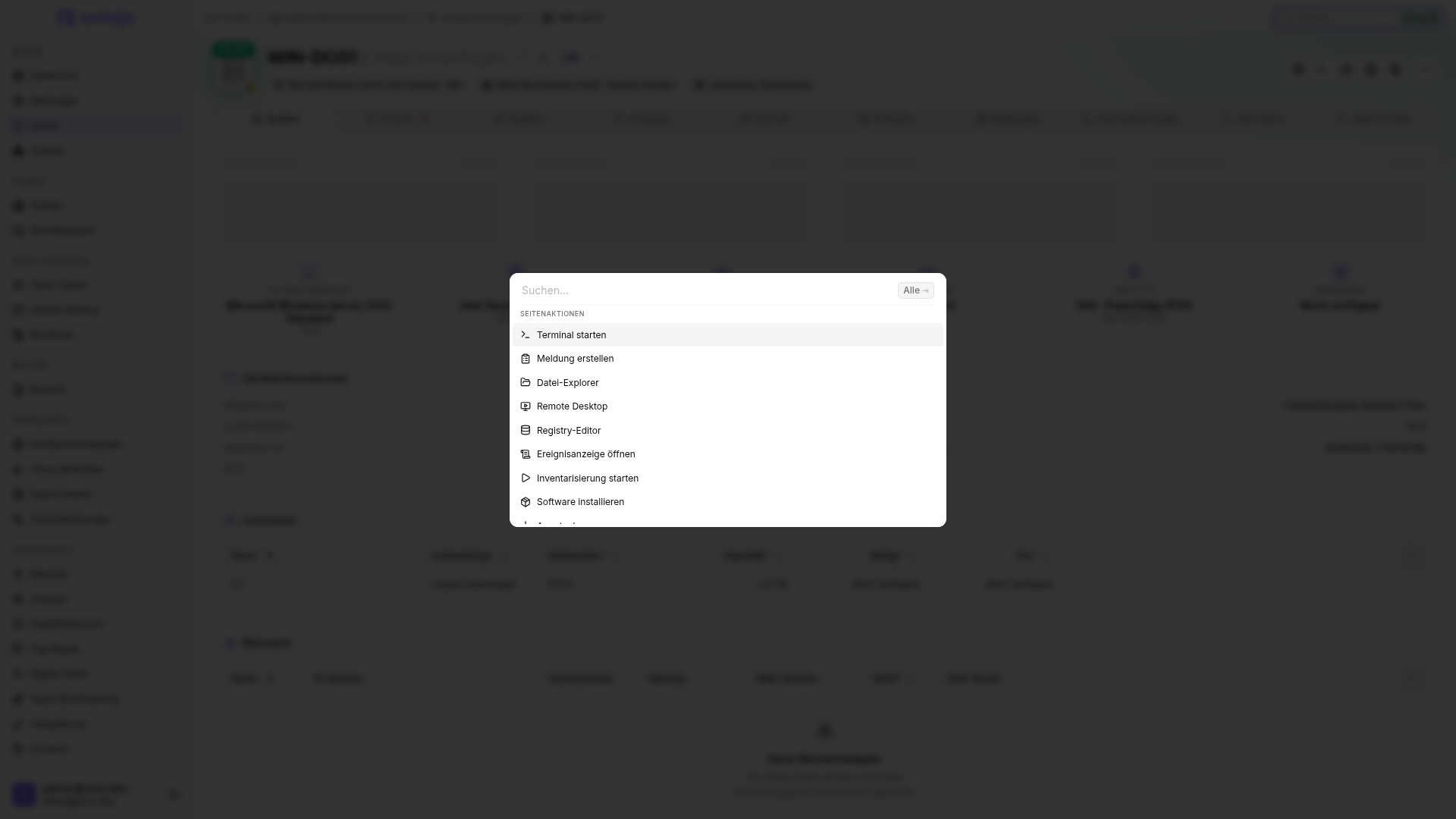 Die Befehlspalette einer Geräteseite mit der Aktion „Inventarisierung starten“.