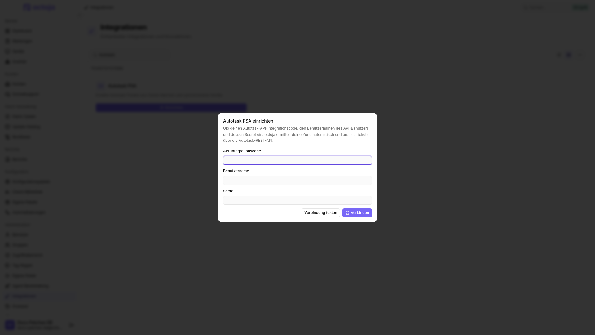 Der Dialog „Autotask PSA einrichten“ mit den Feldern „API-Integrationscode“, „Benutzername“ und „Secret“ sowie den Schaltflächen „Verbindung testen“ und „Verbinden“.