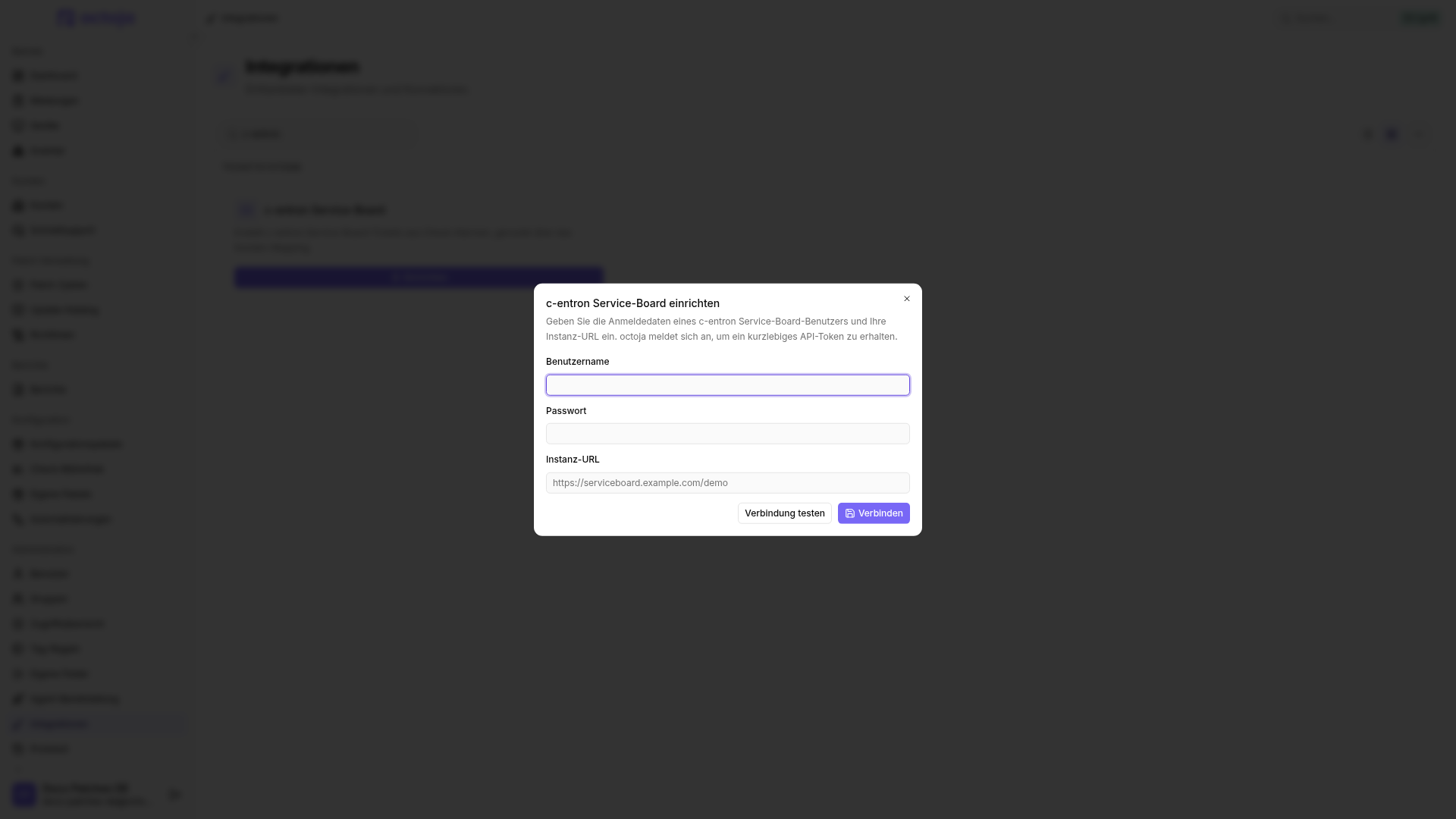 Der Dialog „c-entron Service-Board einrichten“ mit den Feldern „Benutzername“, „Passwort“ und „Instanz-URL“ sowie den Schaltflächen „Verbindung testen“ und „Verbinden“.