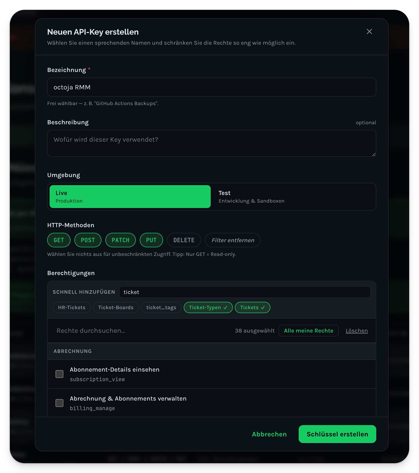 Der Dialog „Neuen API-Key erstellen" in Codemeta OS — ein Feld Bezeichnung mit „octoja RMM", die ausgewählte Umgebung Live, die aktivierten HTTP-Methoden GET/POST/PATCH/PUT und ein Berechtigungen-Auswahlbereich.