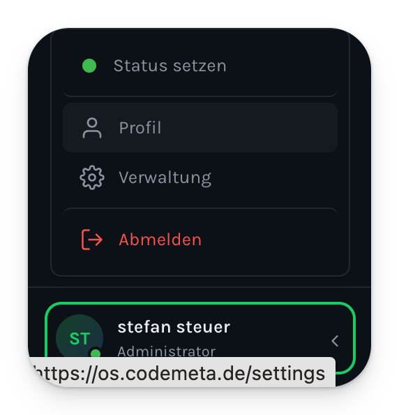Das ausgeklappte Benutzermenü in Codemeta OS mit Status setzen, Profil (hervorgehoben), Verwaltung und Abmelden über dem angemeldeten Administrator-Konto.