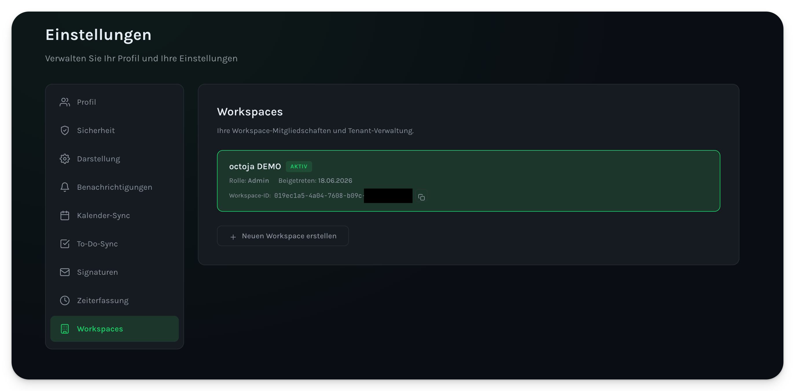 Die Einstellungen-Seite von Codemeta OS auf dem Tab Workspaces mit dem aktiven Workspace „octoja DEMO", dessen Rolle, Registrierungsdatum und der Workspace-ID, die als Tenant-ID dient.