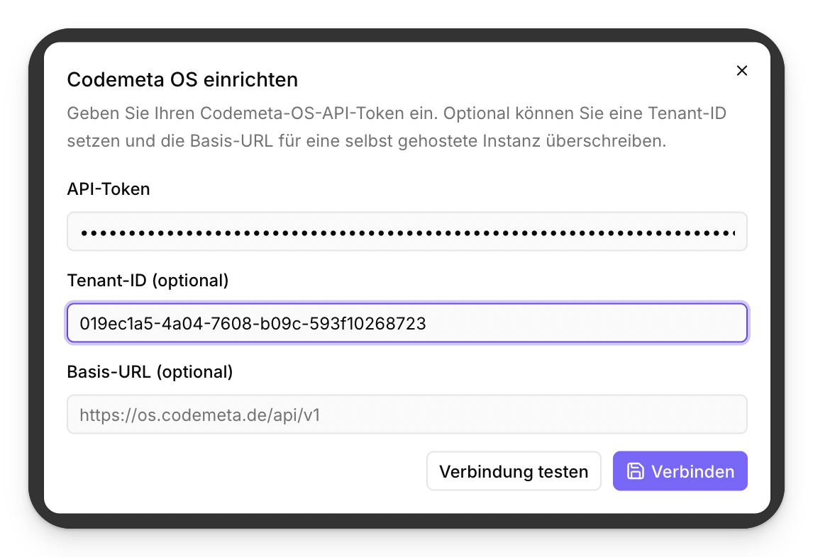Der Dialog „Codemeta OS einrichten" in octoja mit einem Feld API-Token, einem Feld Tenant-ID, einem optionalen Feld Basis-URL für selbst gehostete Instanzen sowie den Schaltflächen „Verbindung testen" und „Verbinden".