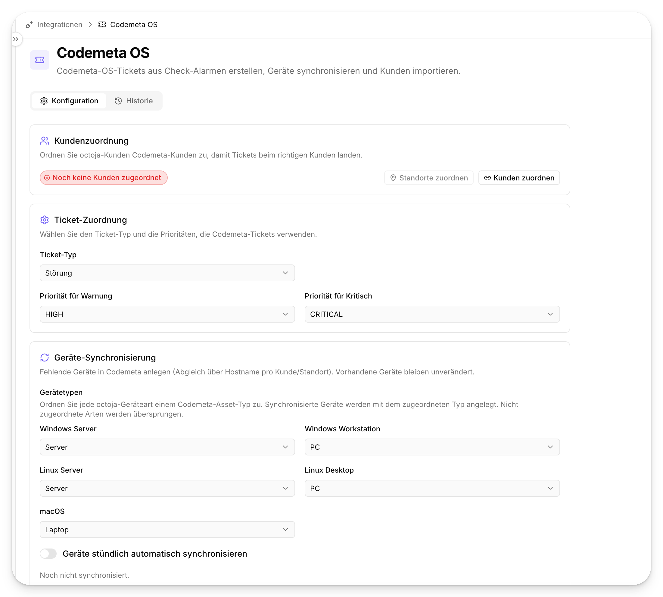 Die Codemeta-OS-Integrationsseite in octoja auf dem Tab Konfiguration mit den Abschnitten Kundenzuordnung, Ticket-Zuordnung (Ticket-Typ und Prioritäten) und Geräte-Synchronisierung (Zuordnung der Gerätetypen und Schalter für stündliche Synchronisierung).
