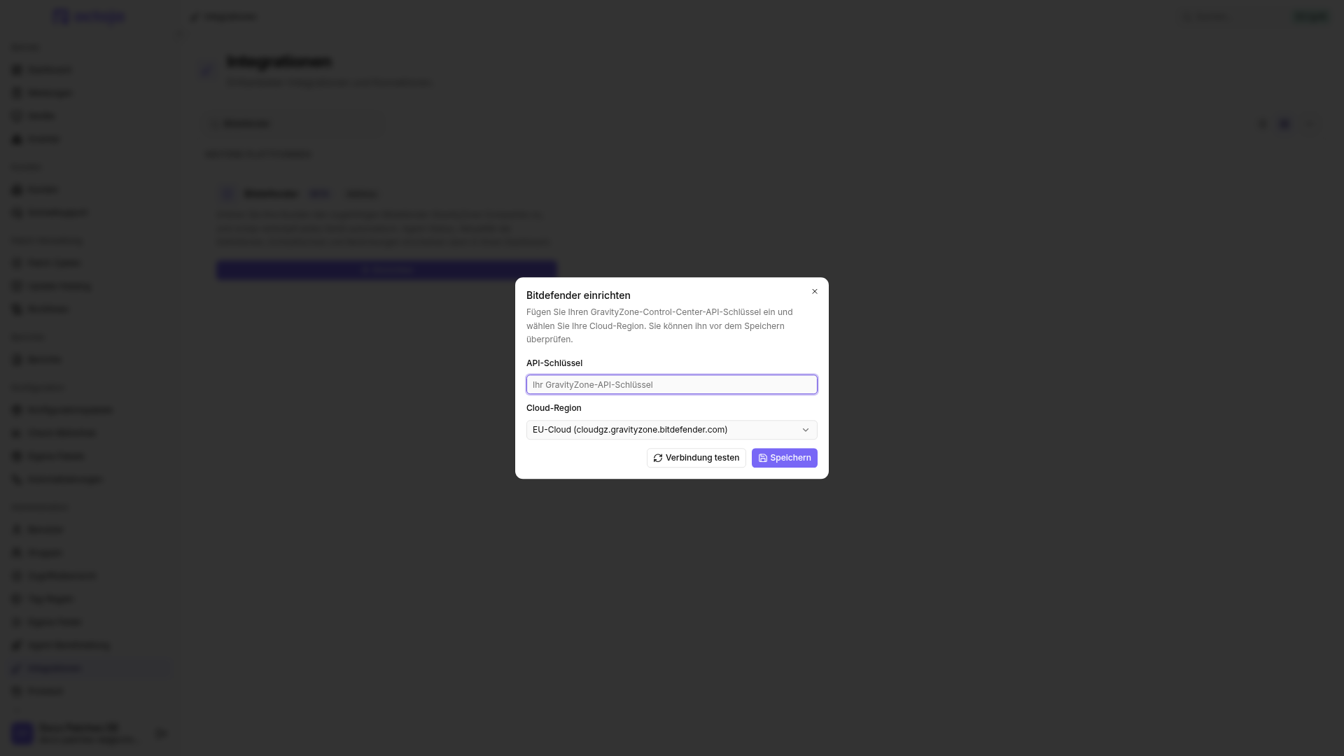 Der Dialog „Bitdefender einrichten“ mit den Feldern „API-Schlüssel“ und „Cloud-Region“ sowie den Schaltflächen „Verbindung testen“ und „Speichern“.
