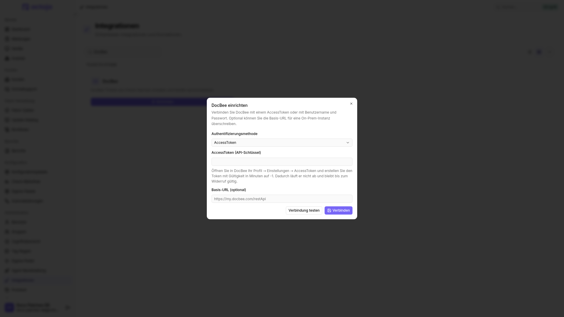 Der Dialog „DocBee einrichten“ mit der Authentifizierungsmethode „AccessToken“, den Feldern für AccessToken und optionale Basis-URL sowie den Schaltflächen „Verbindung testen“ und „Verbinden“.