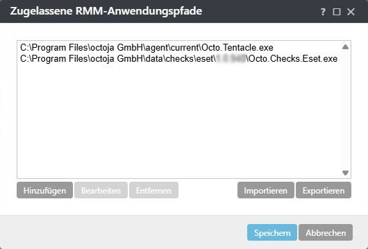 German ESET dialog “Zugelassene RMM-Anwendungspfade” showing paths to Octo.Tentacle.exe and Octo.Checks.Eset.exe and the “Speichern” (Save) button.