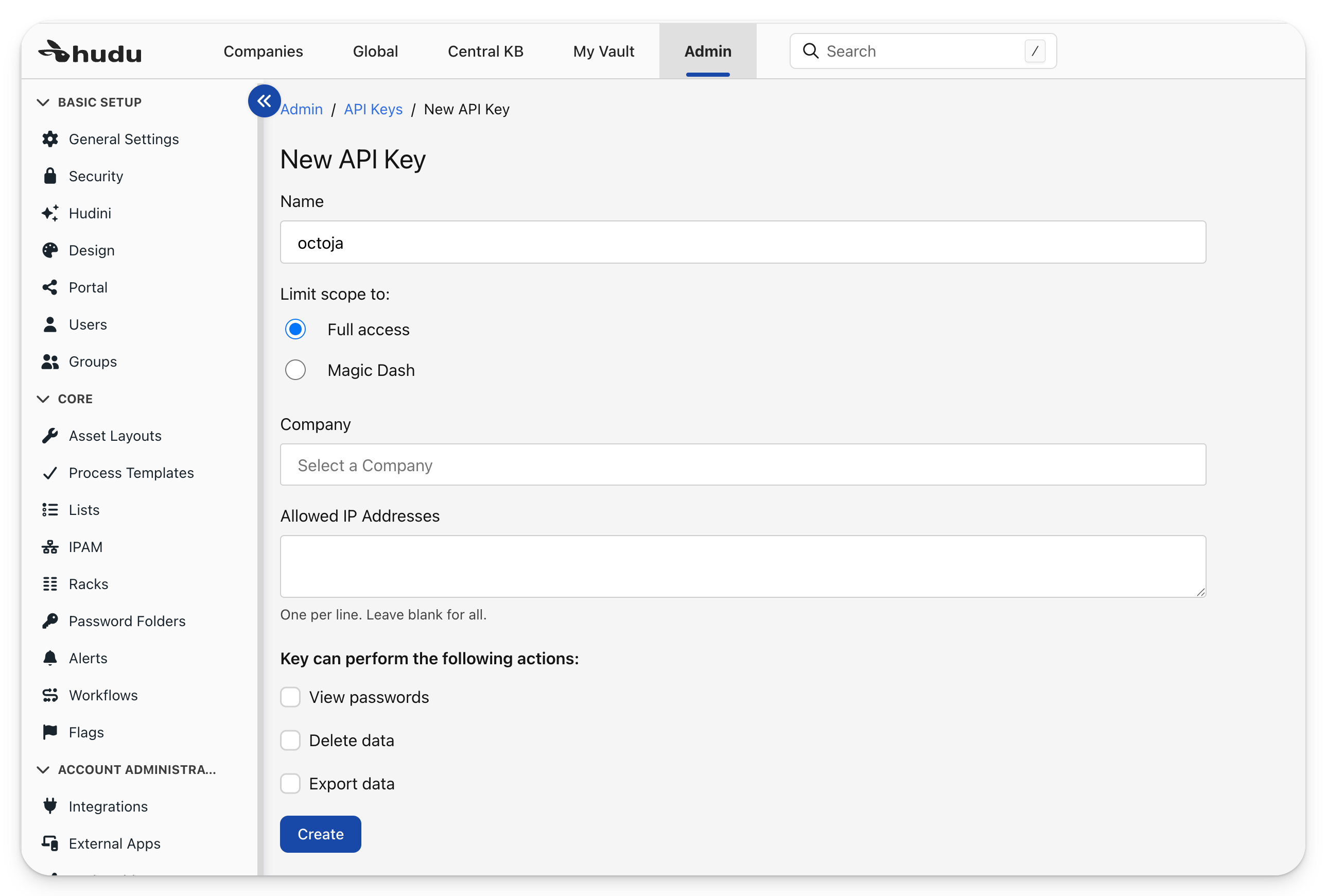 Das Hudu-Formular New API Key mit dem Namen octoja, der Berechtigung Full access, leerem Feld Company und leerem Feld Allowed IP Addresses sowie der blauen Schaltfläche Create am unteren Rand.