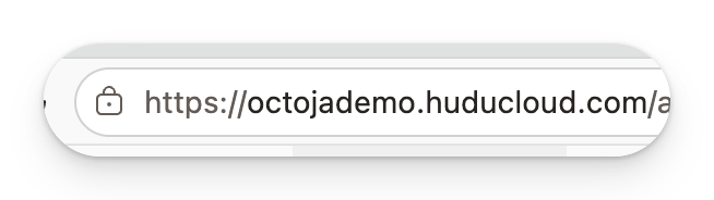Eine Browser-Adressleiste mit einer Hudu-Instanz-URL der Form https://deinefirma.huducloud.com — der Wert, den du in octoja in das Feld Hudu URL einträgst.