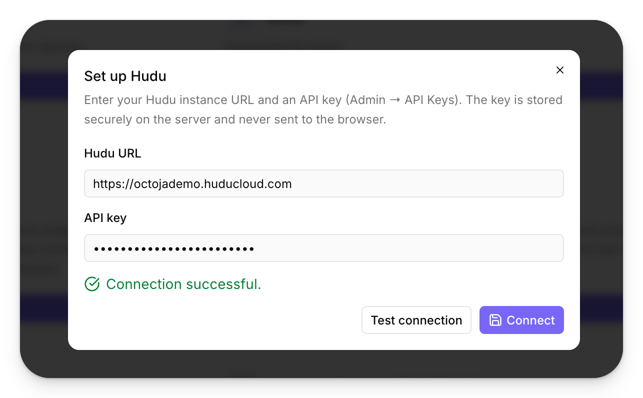 Der octoja-Dialog zum Einrichten von Hudu mit ausgefülltem Feld Hudu URL, einem maskierten API-Schlüssel, der grünen Meldung „Connection successful“ und den Schaltflächen „Test connection“ und „Connect“ in der Fußzeile.