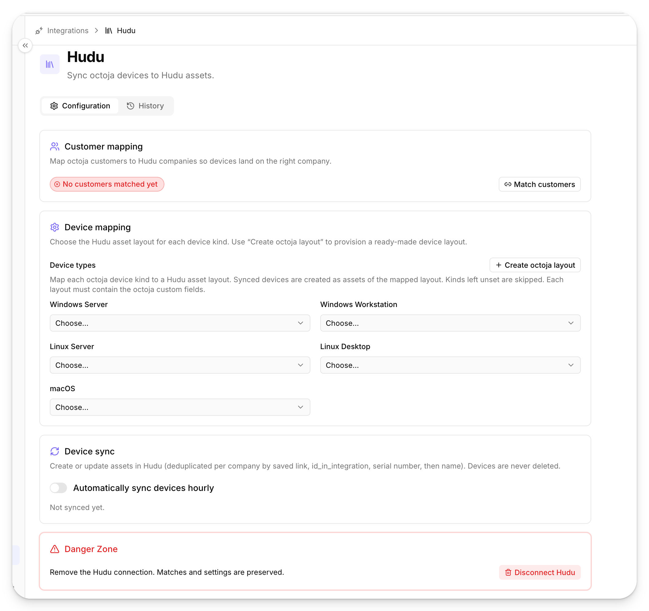 Die Konfigurationsseite der Hudu-Integration in octoja mit dem Bereich Customer mapping und der Schaltfläche „Match customers“, dem Bereich Device mapping mit je einem Auswahlfeld pro Geräteart und der Schaltfläche „Create octoja layout“, dem Bereich Device sync mit dem Schalter „Automatically sync devices hourly“ sowie einer roten Danger Zone mit der Schaltfläche „Disconnect Hudu“.