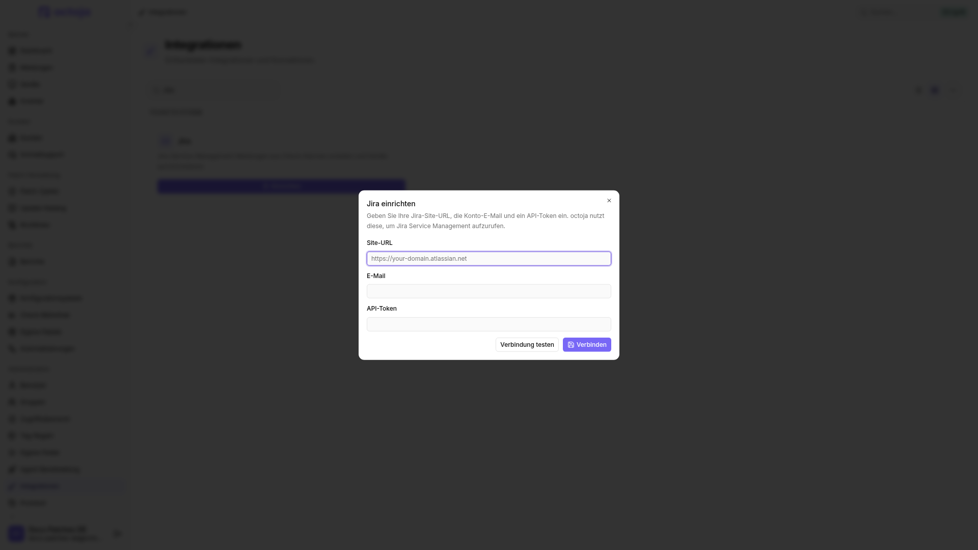 Der Dialog „Jira einrichten“ mit den Feldern „Site-URL“, „E-Mail“ und „API-Token“ sowie den Schaltflächen „Verbindung testen“ und „Verbinden“.