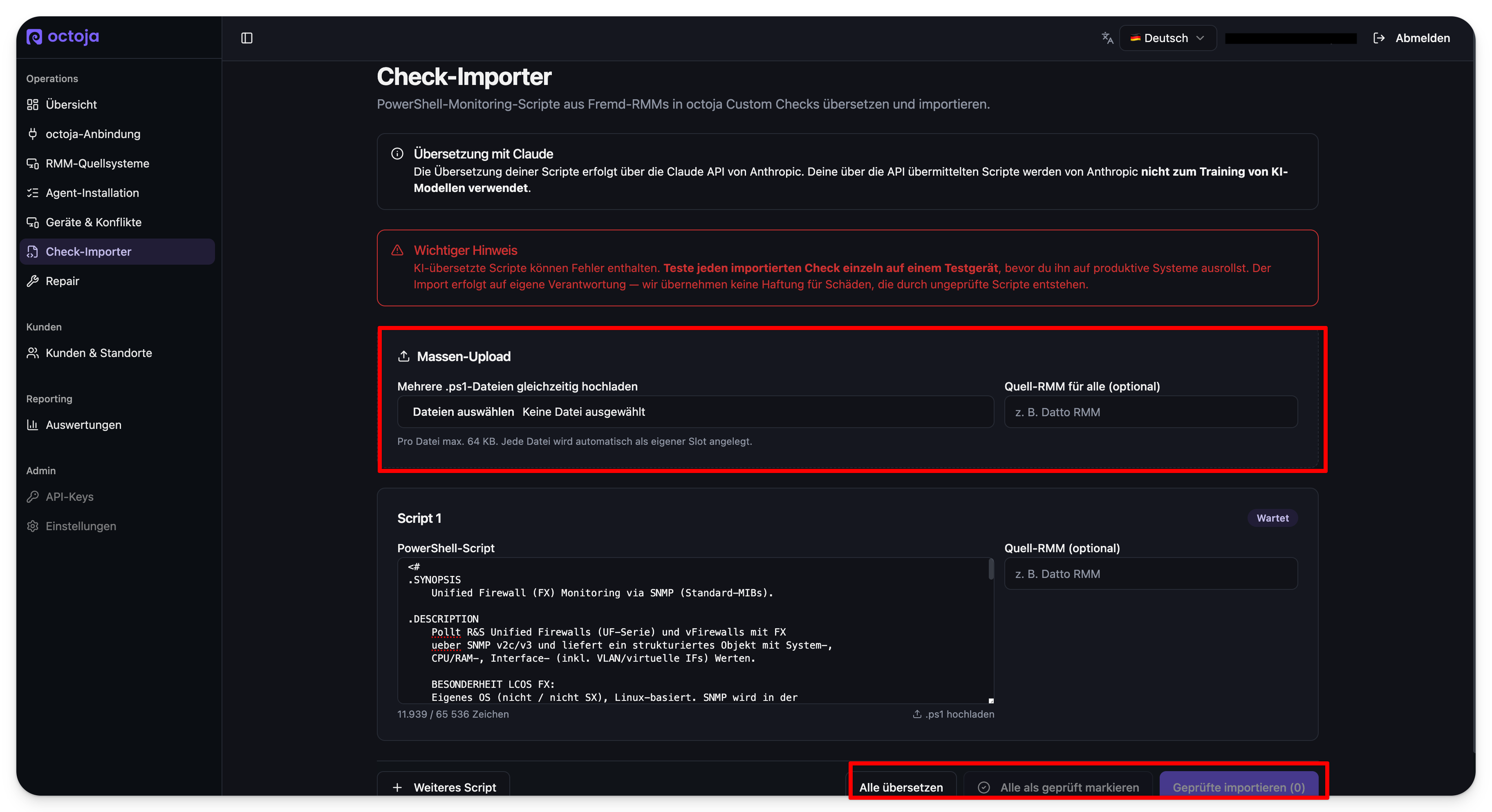 Die Seite Check-Importer mit der rot umrandeten Karte Massen-Upload, einer Dateiauswahl für mehrere .ps1-Dateien, einem optionalen Feld 'Quell-RMM für alle' und darunter einem Script-Editor mit eingefügtem PowerShell-Script und dem Status-Badge 'Wartet'