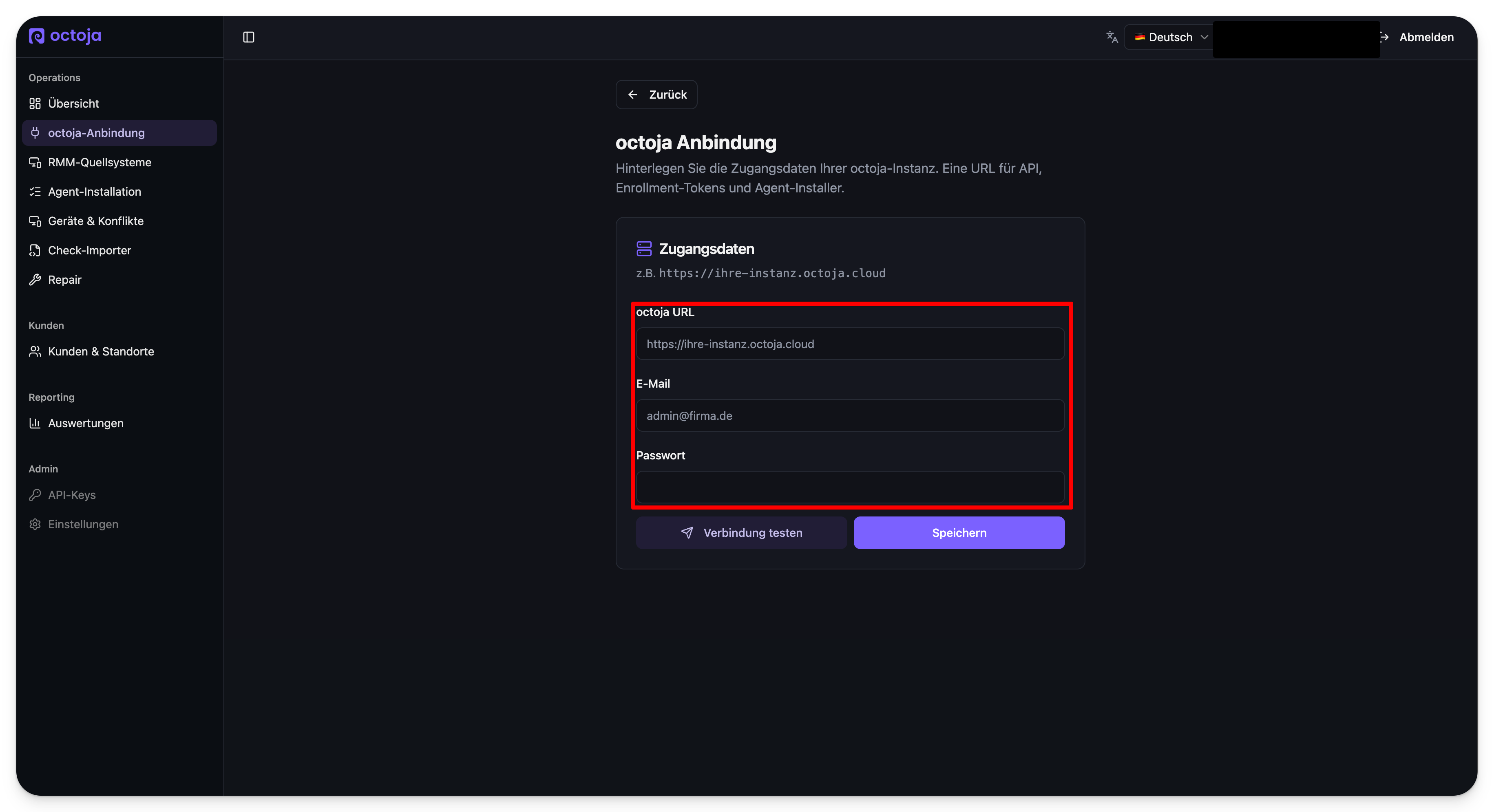 Das Formular octoja-Anbindung mit den rot umrandeten Feldern octoja URL, E-Mail und Passwort, darüber die Schaltflächen Verbindung testen und Speichern