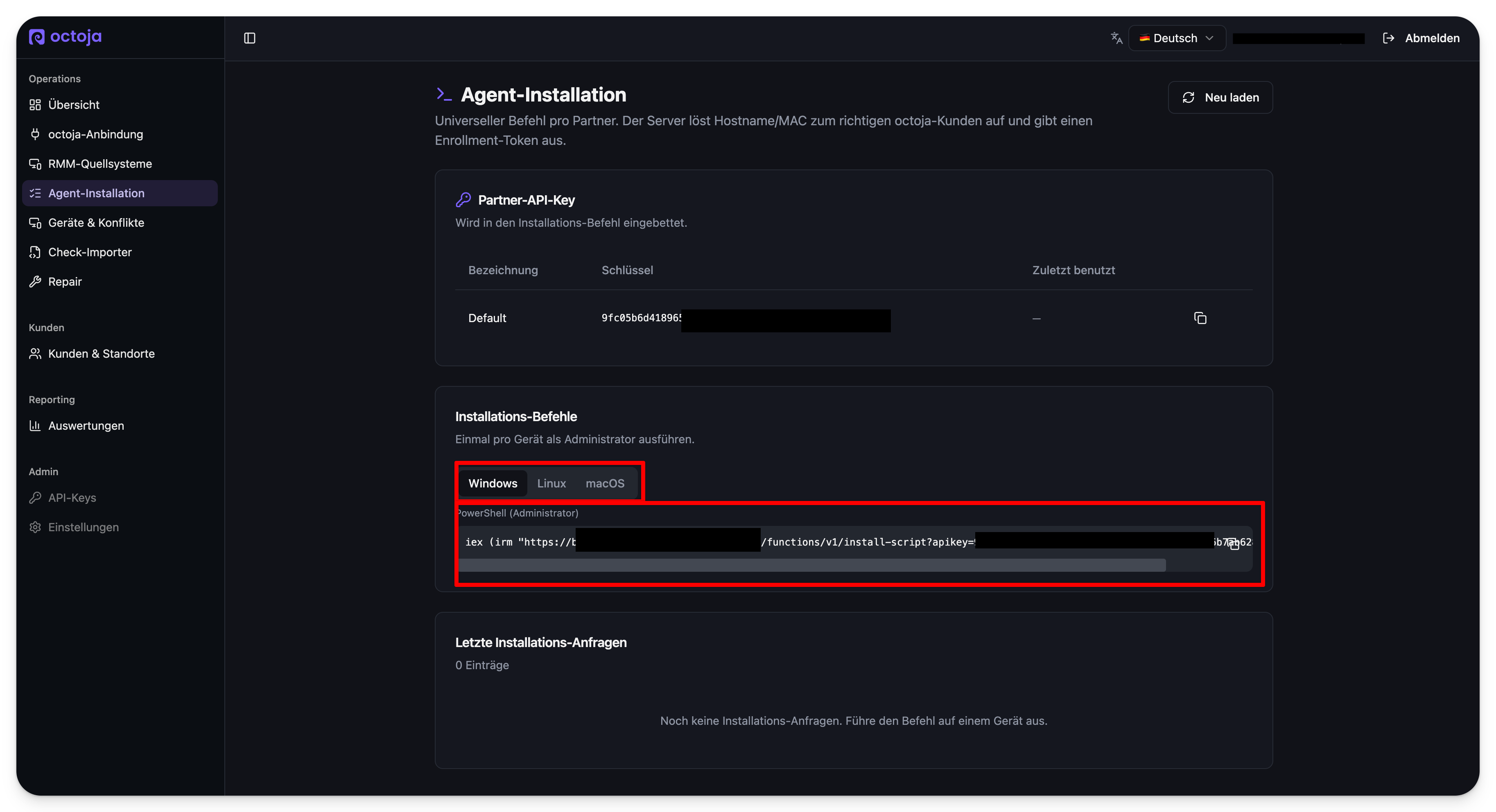 Die Seite Agent-Installation mit den Reitern Windows, Linux und macOS und dem rot umrandeten PowerShell-Installations-Befehl, darüber der aufgeführte Partner-API-Key