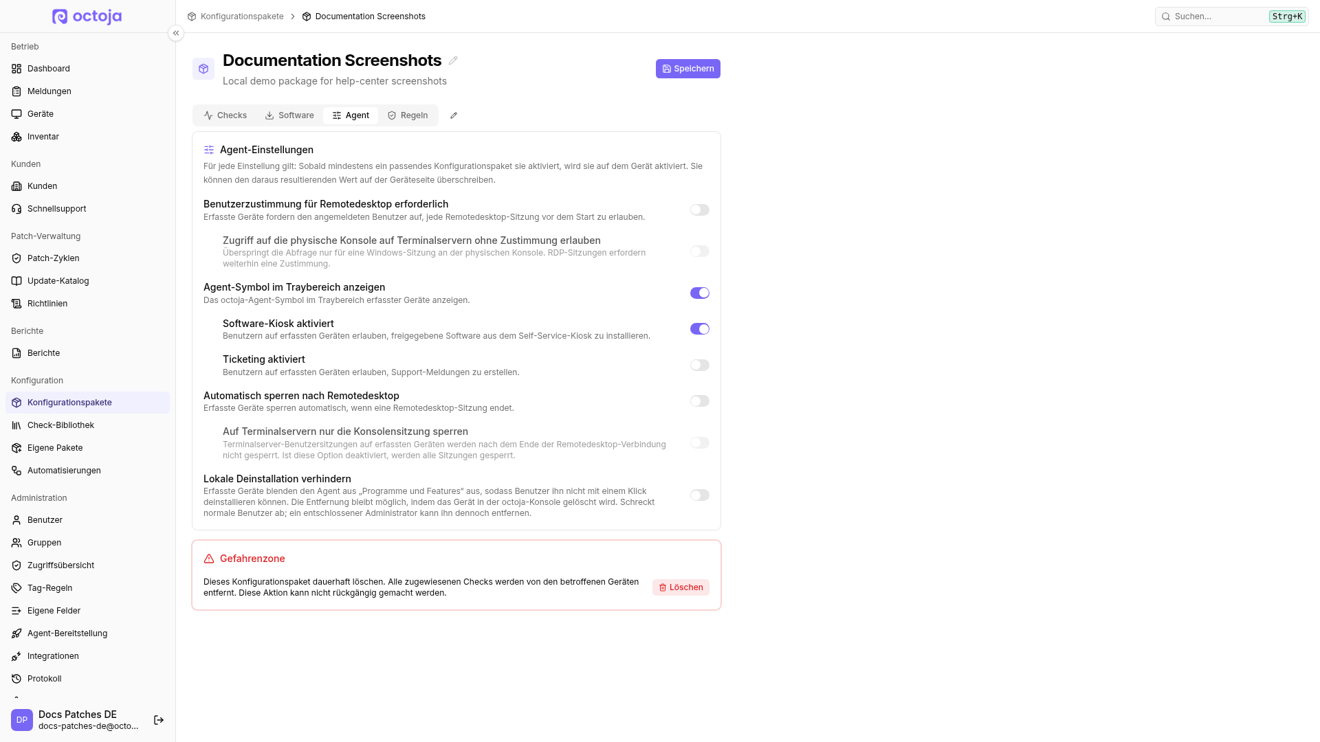 Der Agent-Tab eines Konfigurationspakets mit aktivierten Schaltern „Agent-Symbol im Traybereich anzeigen“ und „Software-Kiosk aktiviert“