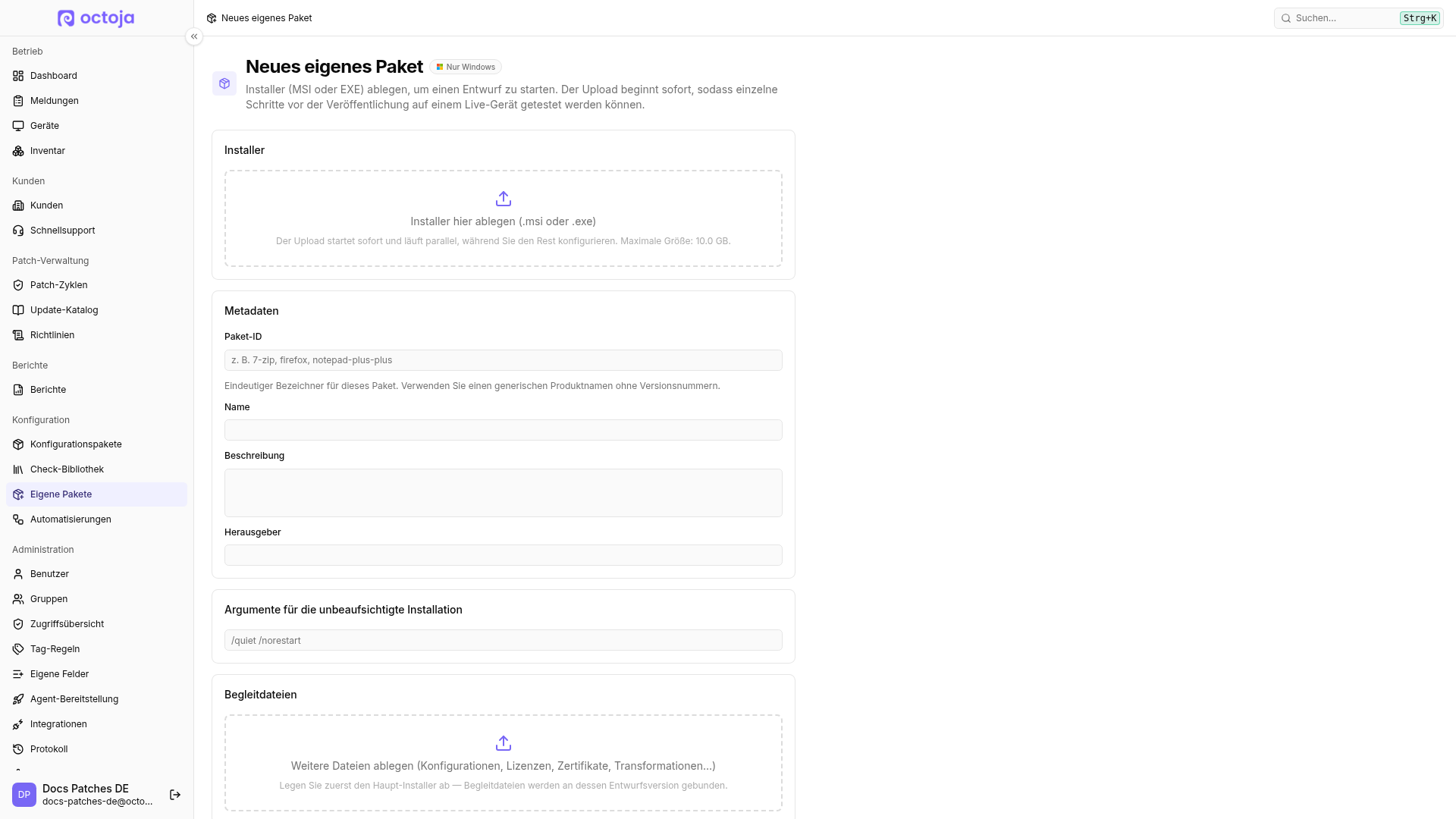 Der obere Bereich des Formulars „Neues eigenes Paket“ mit Uploadbereich, Paketmetadaten und Begleitdateien.