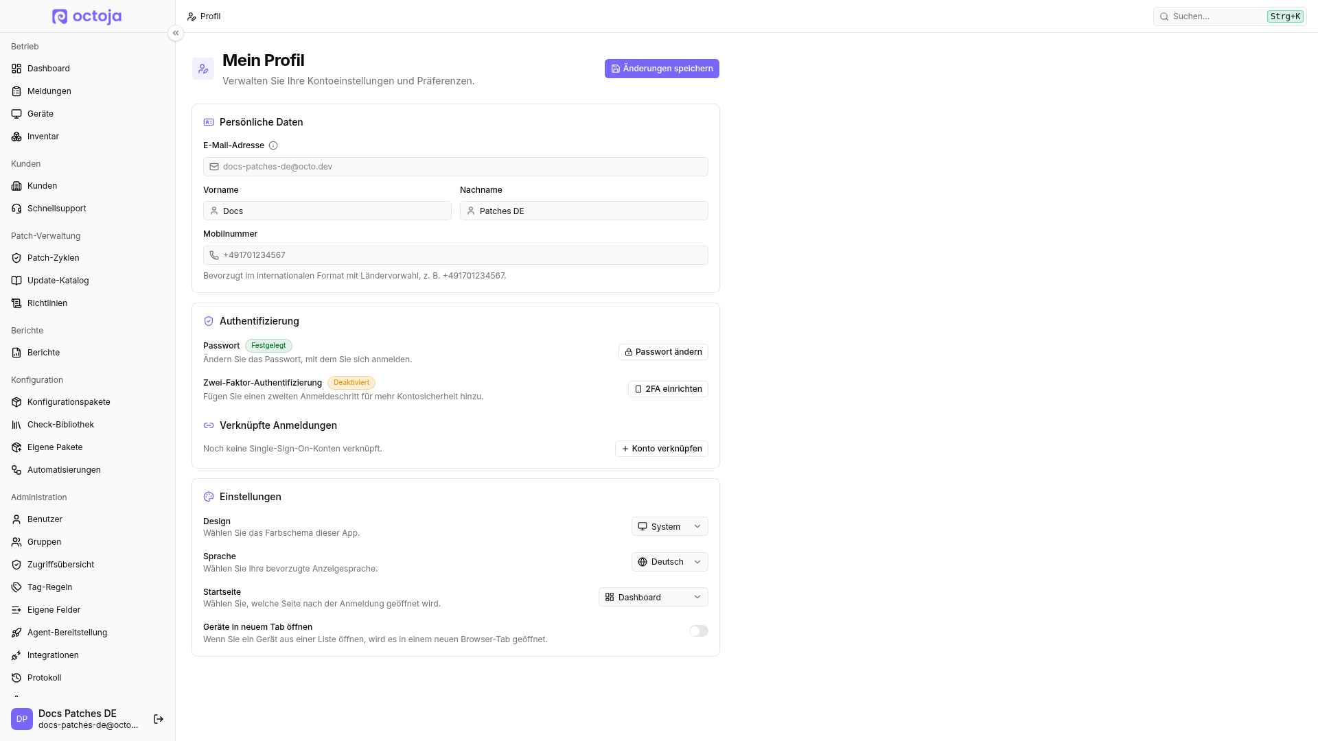 Die Seite „Mein Profil“ mit dem Bereich „Einstellungen“ für Design, Sprache, Startseite und das Öffnen von Geräten in einem neuen Tab.