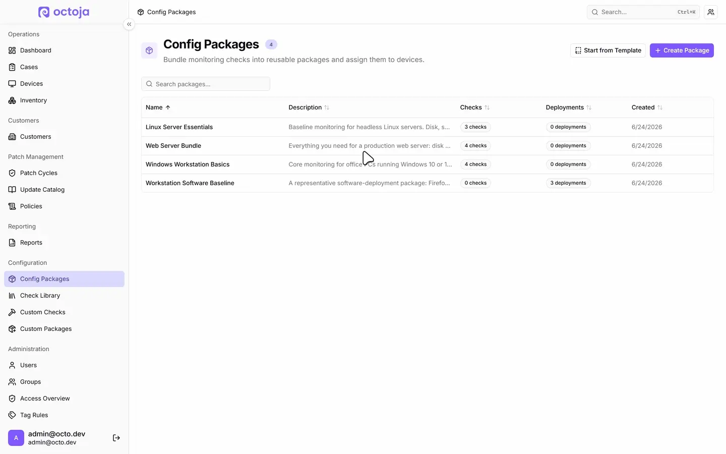 Konfiguration und dann Konfigurationspakete öffnen, auf Paket erstellen klicken, den Namen Standard Server Checks eingeben, den Tab Checks öffnen, auf Check hinzufügen klicken, den Check Festplattenspeicher wählen und speichern; das neue Paket erscheint in der Liste Regelbasierte Pakete.