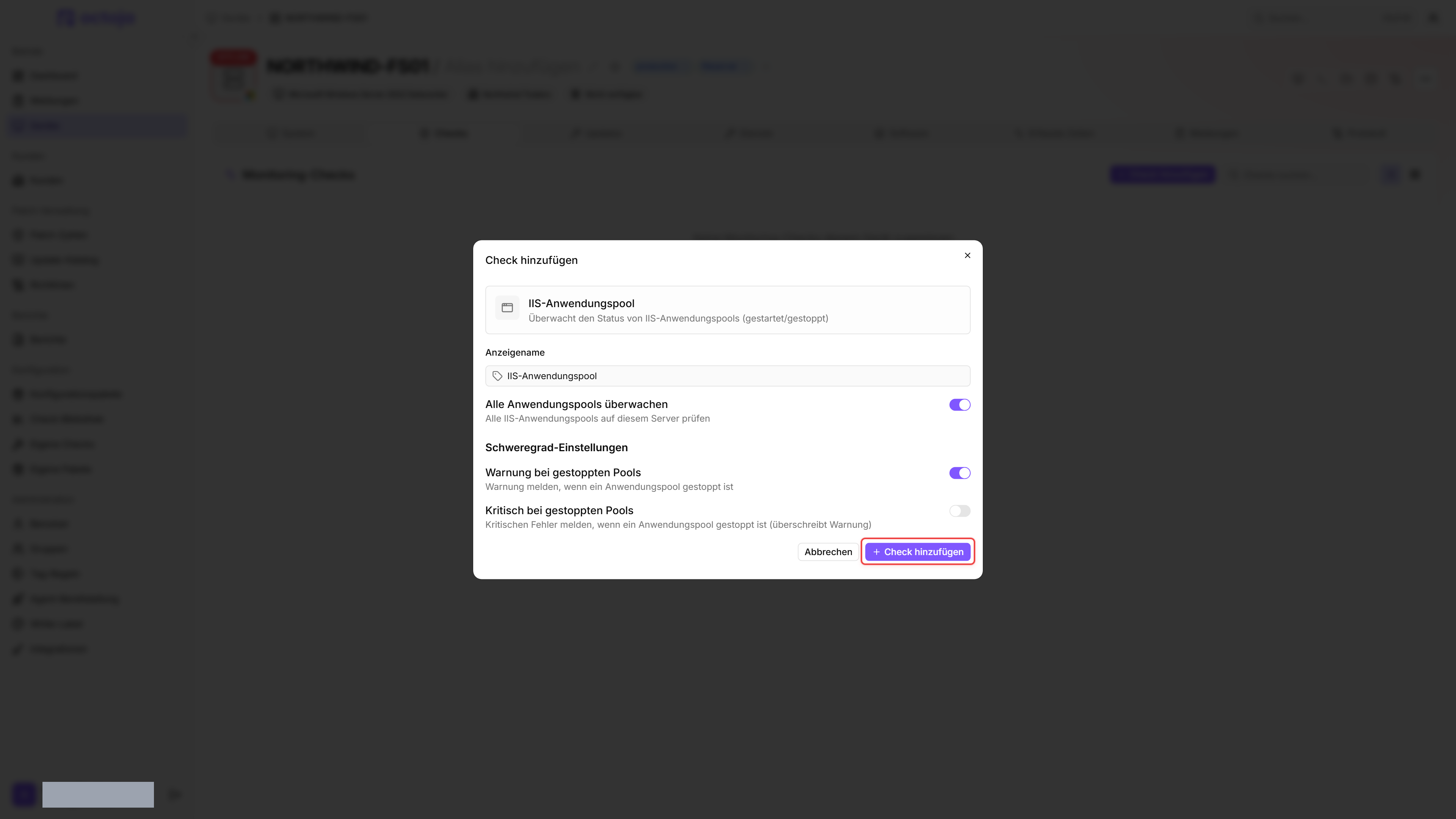 IIS-Anwendungspool-Check-Editor mit rot umrandeter Schaltfläche "Check hinzufügen"
