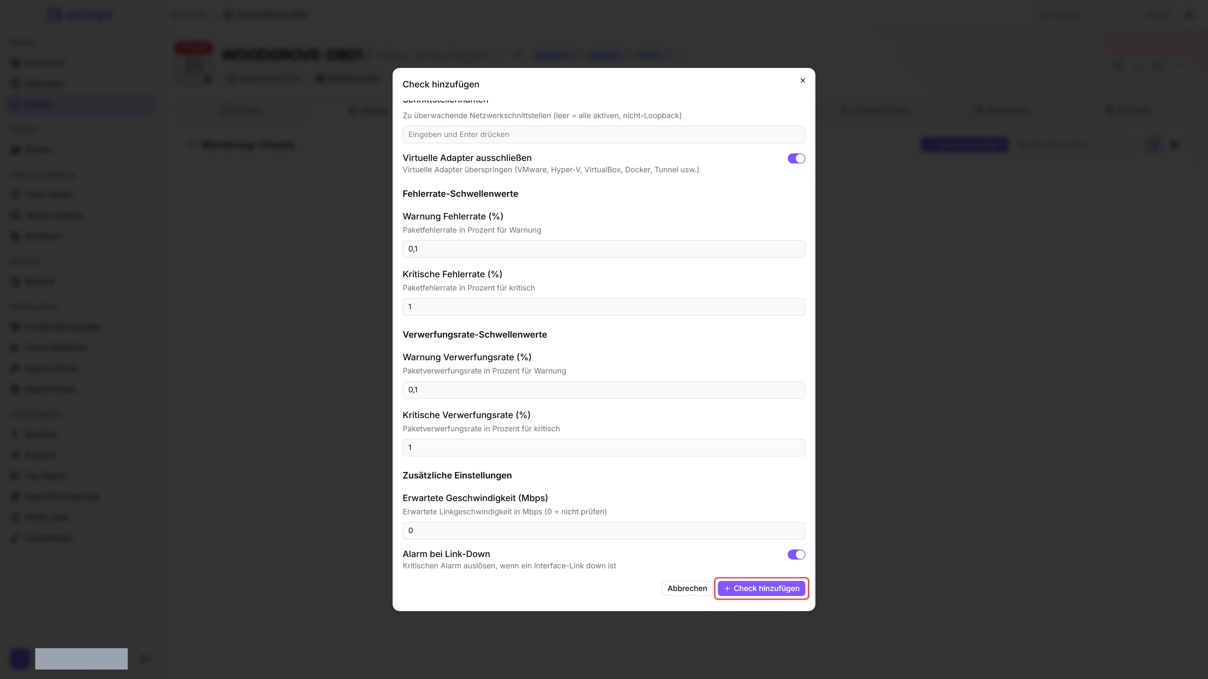 Dialog „Check hinzufügen“ mit dem Editor für die Netzwerkschnittstelle — Schnittstellennamen, virtuelle Adapter ausschließen, Fehlerrate- und Verwerfungsrate-Schwellenwerte, erwartete Geschwindigkeit und Alarm bei Link-Down