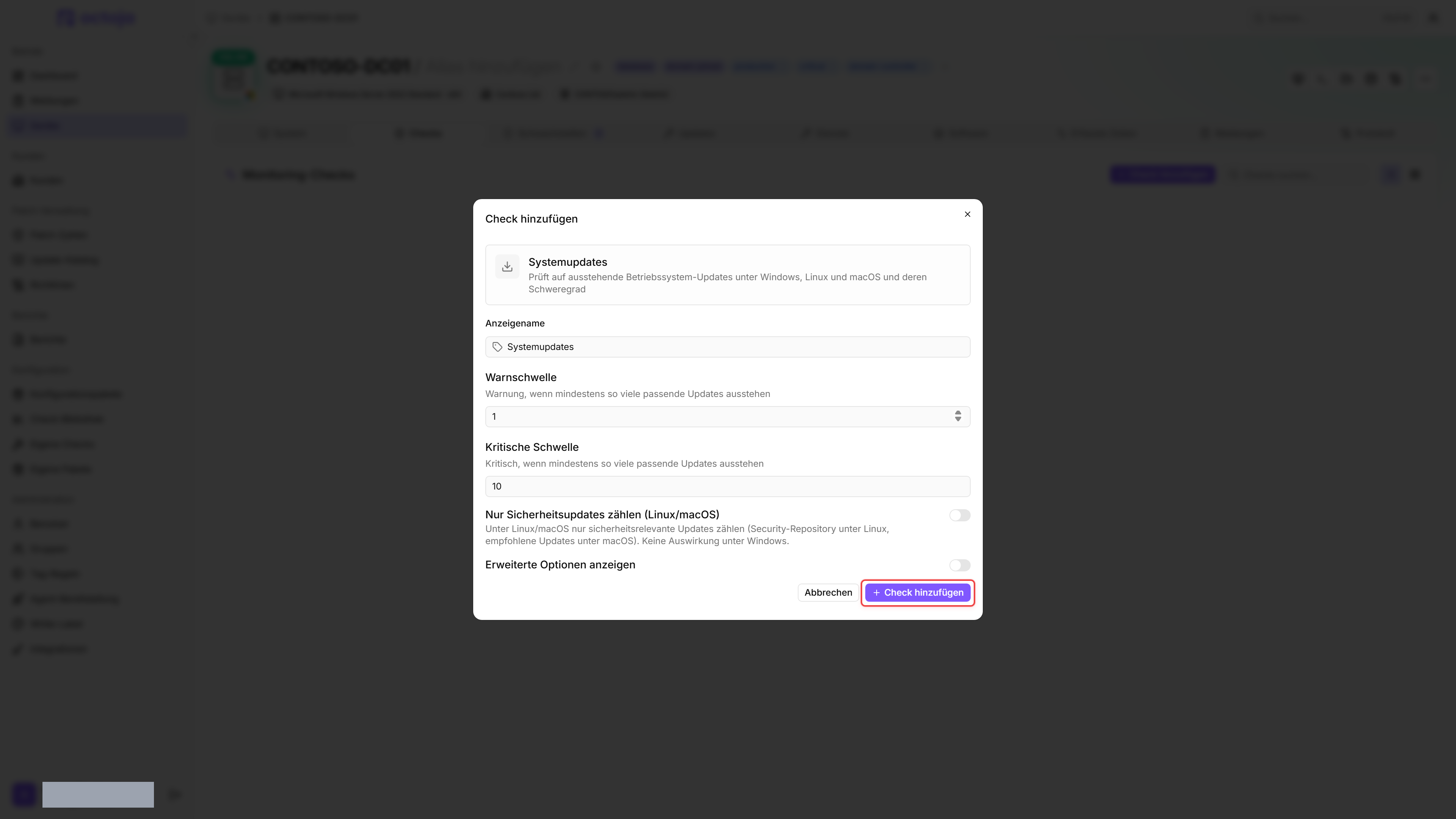 Dialog Check hinzufügen: Systemupdates, Warnung 1, Kritisch 10, Mindest-Update-Alter 3 Tage.
