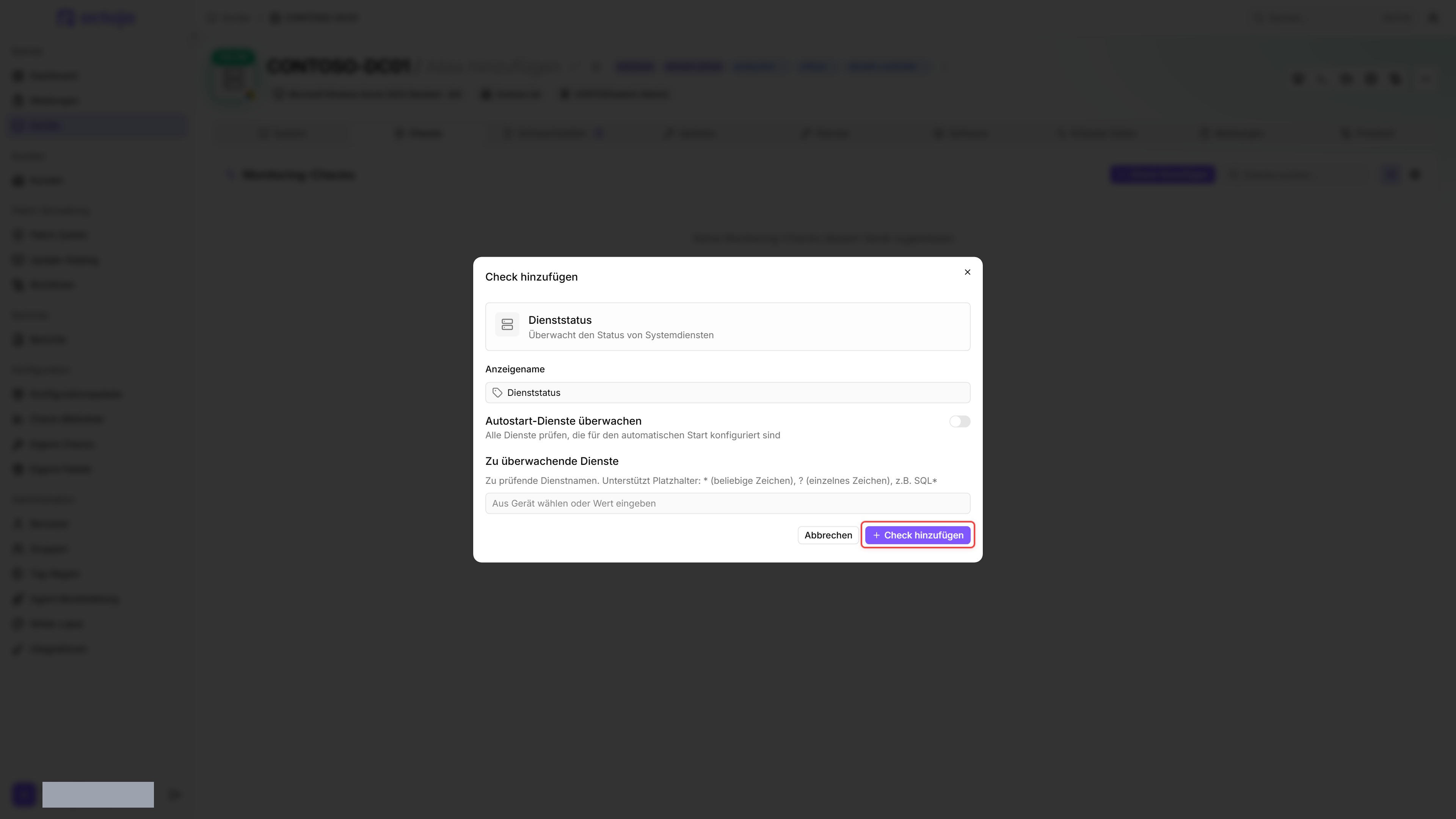 Dienststatus-Check-Editor mit dem Schalter „Autostart-Dienste überwachen“, der Liste „Zu überwachende Dienste“ und der rot umrandeten Schaltfläche „Check hinzufügen“