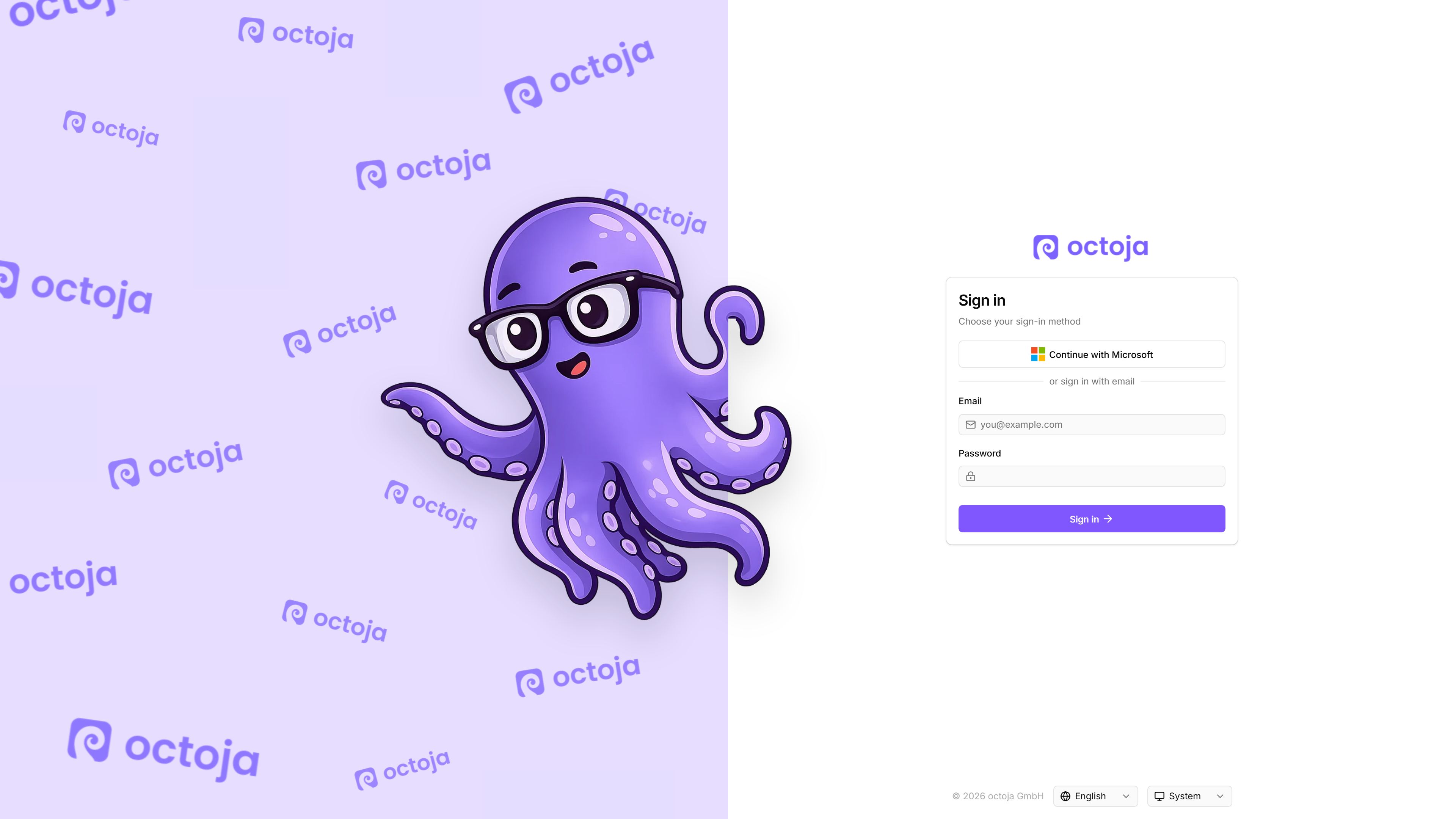 The octoja login page in English: a branded lavender panel on the left tiled with the octoja wordmark and logo glyph and the octopus mascot in the centre; on the right a white sign-in card with the octoja logo, an optional Continue with {provider} button for each configured single sign-on provider (for example Continue with Microsoft Entra), email and password fields, a Sign in button in the tenant's brand primary colour (lavender on the stock octoja brand), and a footer with the language picker set to English and the theme picker set to System.