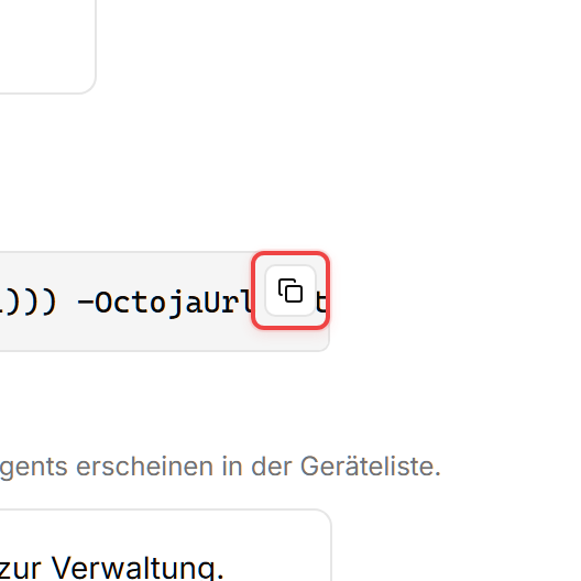 Schritt 4 Installieren des Deployment-Assistenten mit dem PowerShell-Installationsbefehl in einem grauen Code-Block. Die Kopierschaltfläche oben rechts am Code-Block ist rot umrandet; der Befehlstext reicht über den sichtbaren Ausschnitt hinaus (kopiere ihn aus der Live-Oberfläche, nicht aus diesem Bild).