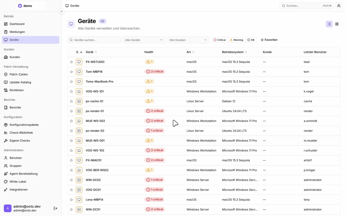 Animierte Schritt-für-Schritt-Anleitung — öffne die Geräte-Seite, klicke auf eine Workstation (VOG-WS-101), um die Detailseite zu öffnen, klicke auf den Tab Checks (der „Keine Monitoring-Checks zugewiesen“ anzeigt), klicke auf Check hinzufügen, wähle Festplatten-I/O aus der Check-Auswahl, bestätige mit Check hinzufügen; der Dialog schließt sich und der neue Festplatten-I/O-Check erscheint im Panel Monitoring-Checks mit Status Ausstehend.
