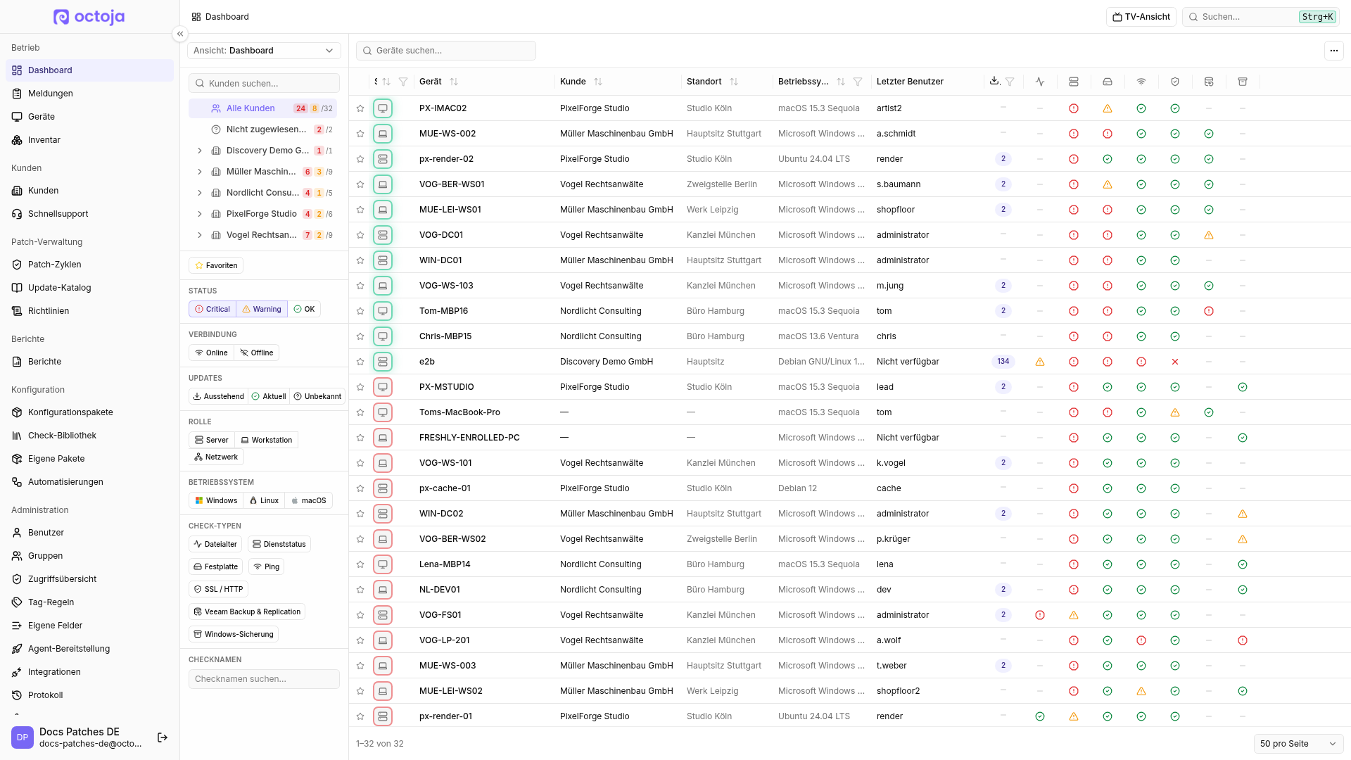 Das octoja-Dashboard auf Deutsch mit vollständiger Navigation, Kunden- und Statusfiltern sowie Geräten mit unterschiedlichen Check-Ergebnissen.