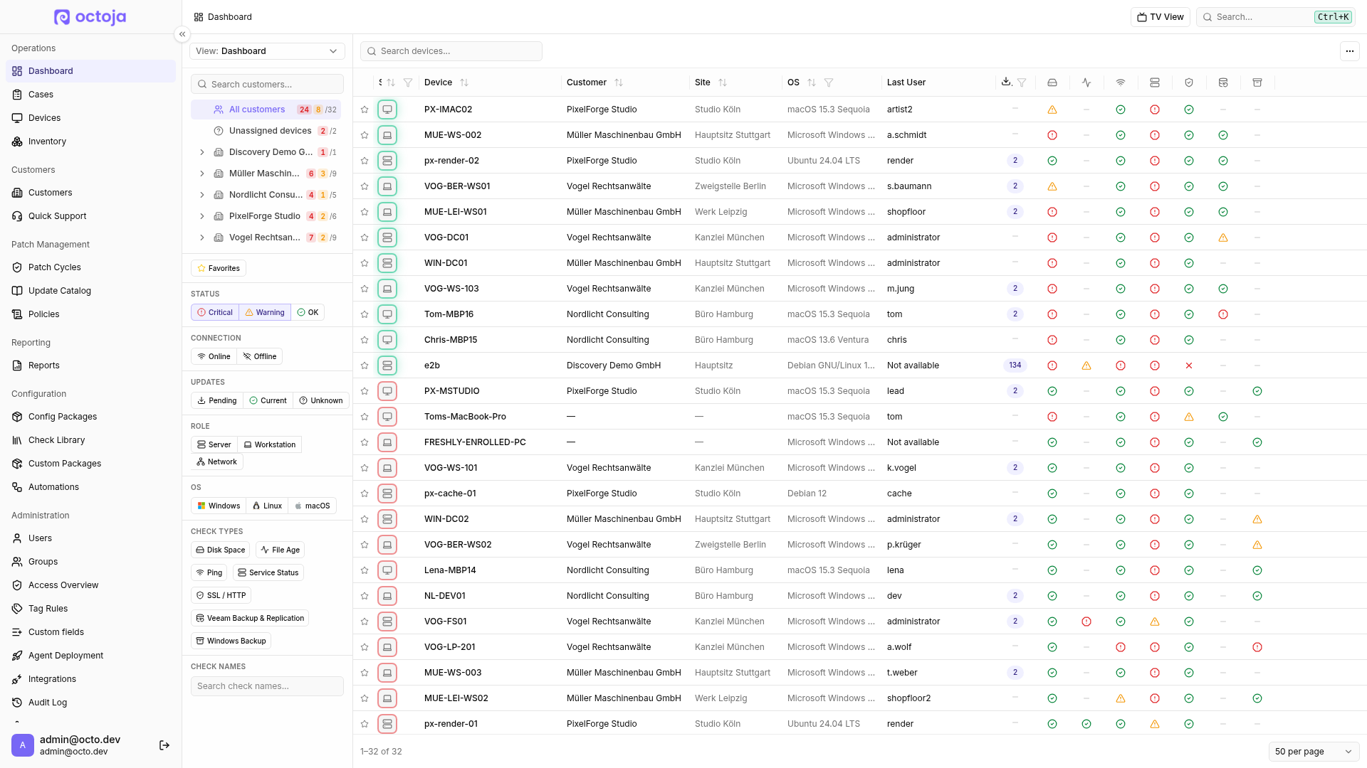 The octoja dashboard in English with the full navigation, customer and status filters, and devices showing different check results.
