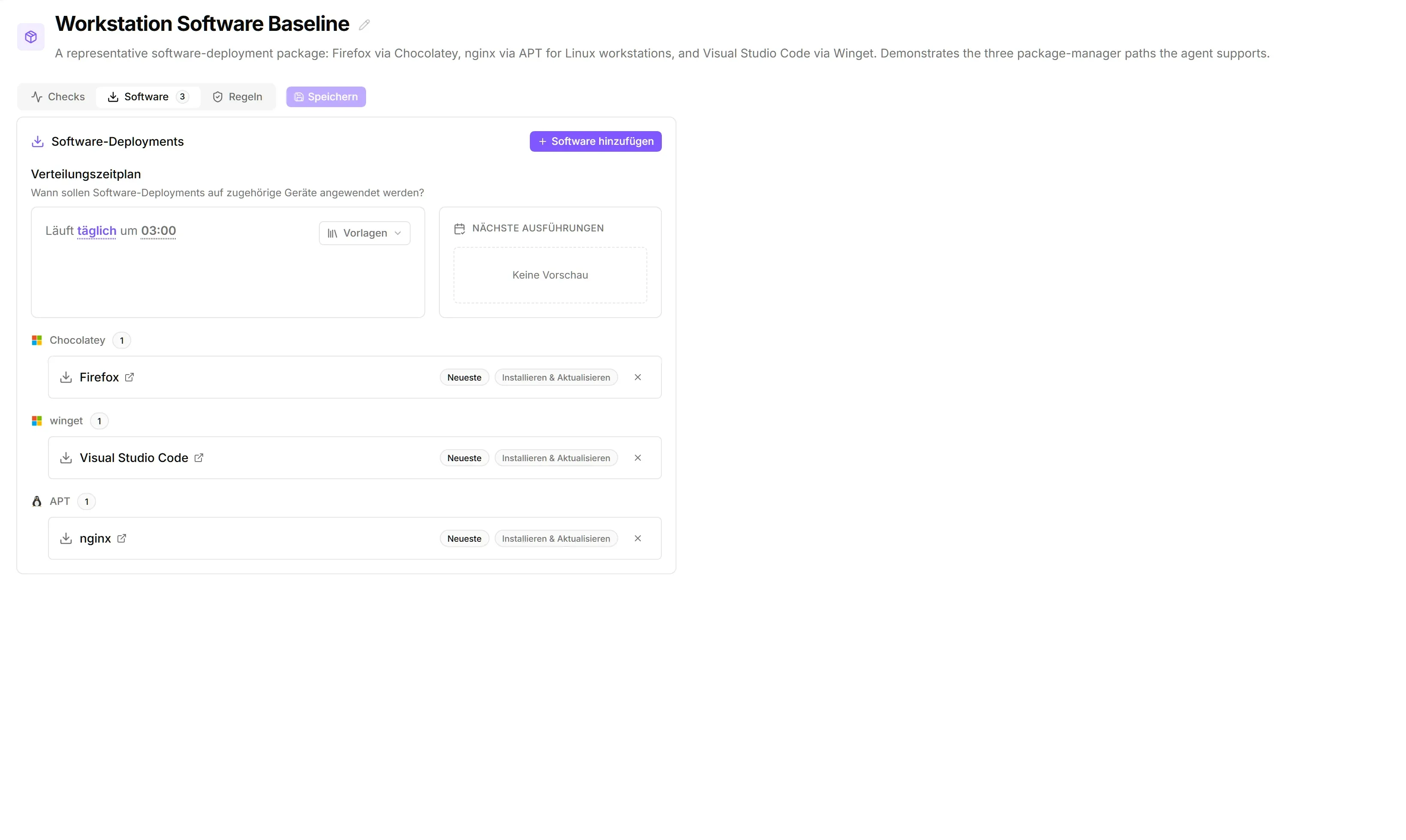 Der Software-Tab des Konfigurationspakets 'Workstation Software Baseline' mit drei Deployments, gruppiert nach Paketmanager — Chocolatey > Firefox, winget > Visual Studio Code, APT > nginx — jeweils mit gewünschter Version 'Latest' und Installations-Verhalten 'Installieren & Aktualisieren'. Der Bereitstellungsplan darüber lautet 'Jeden Tag um 03:00 ausführen'.