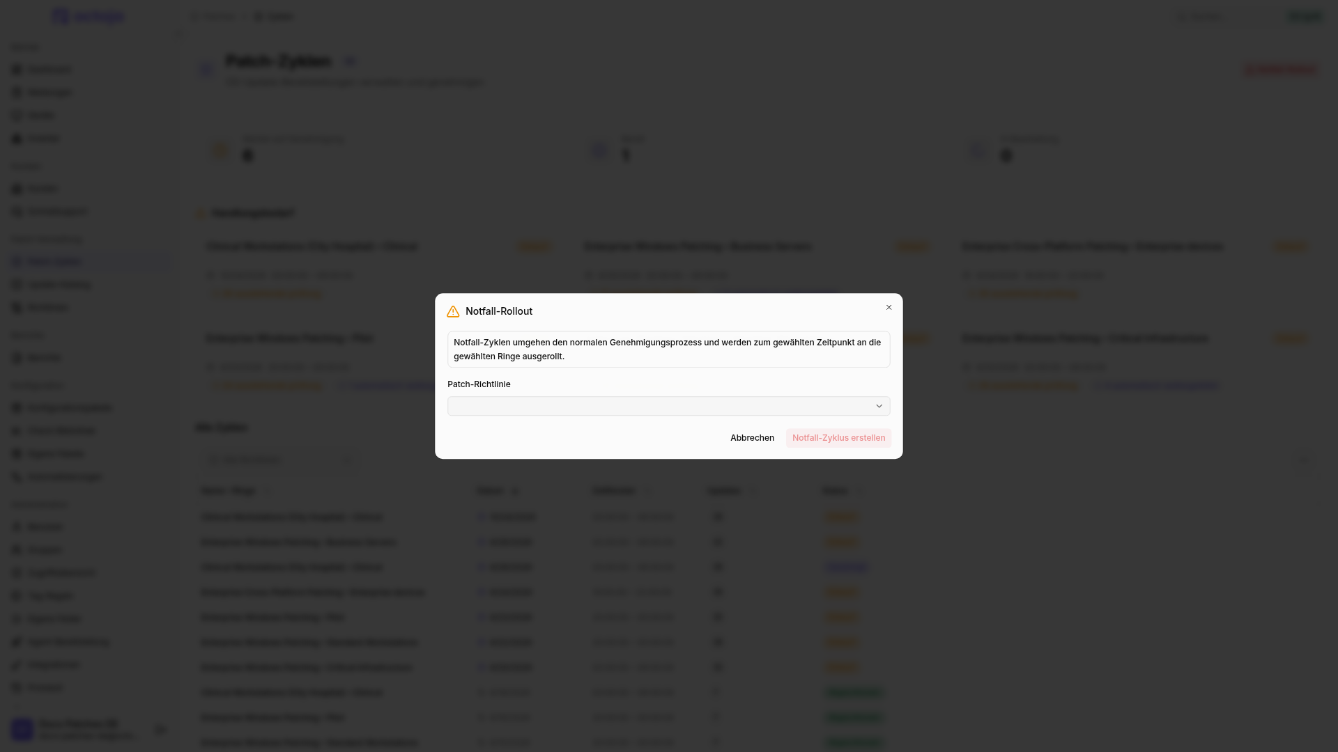 Der Dialog „Notfall-Rollout“ mit Auswahl der Patch-Richtlinie sowie den Aktionen „Abbrechen“ und „Notfall-Zyklus erstellen“.
