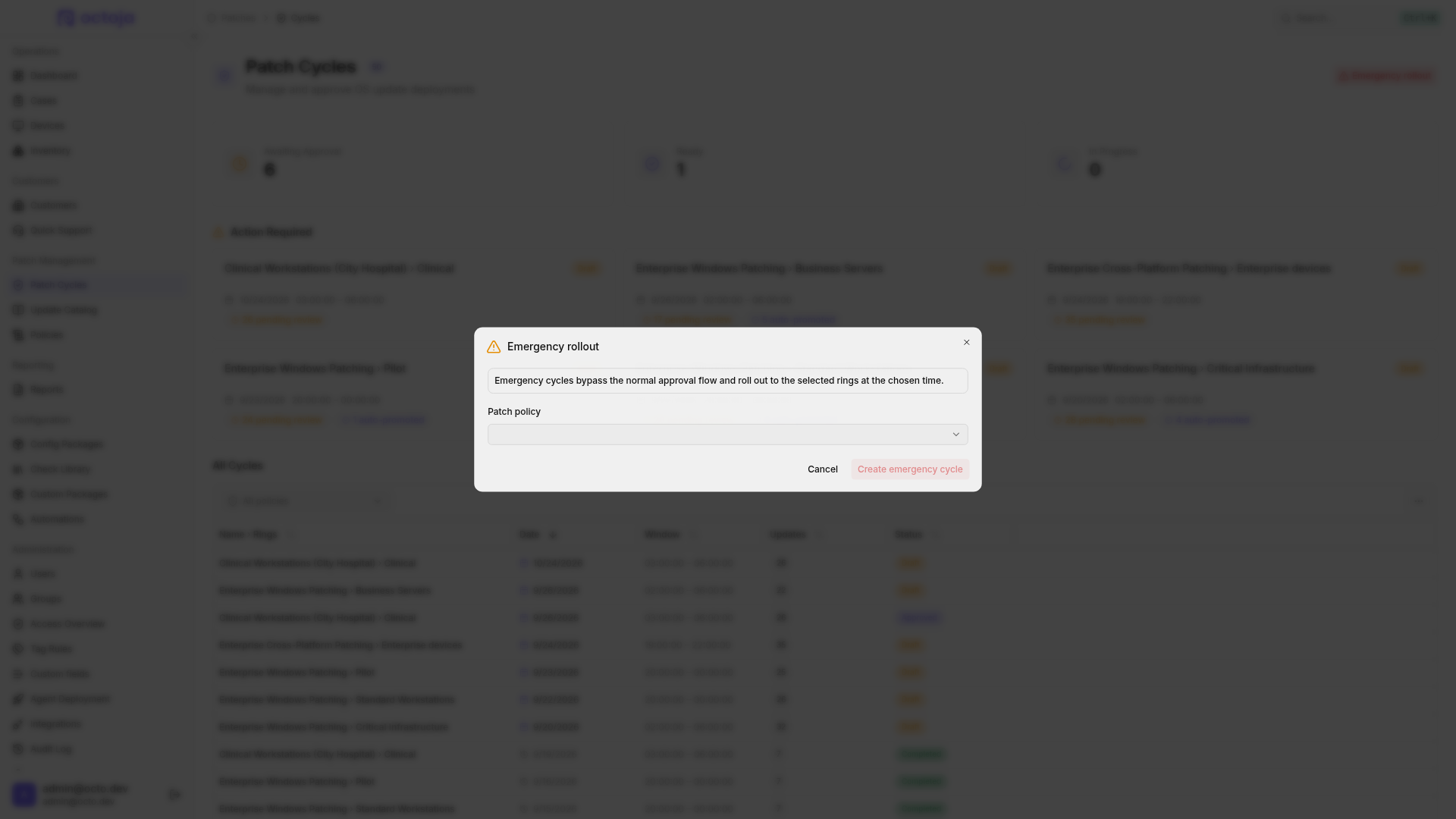 The Emergency rollout dialog with the Patch policy selector and the Cancel and Create emergency cycle actions.