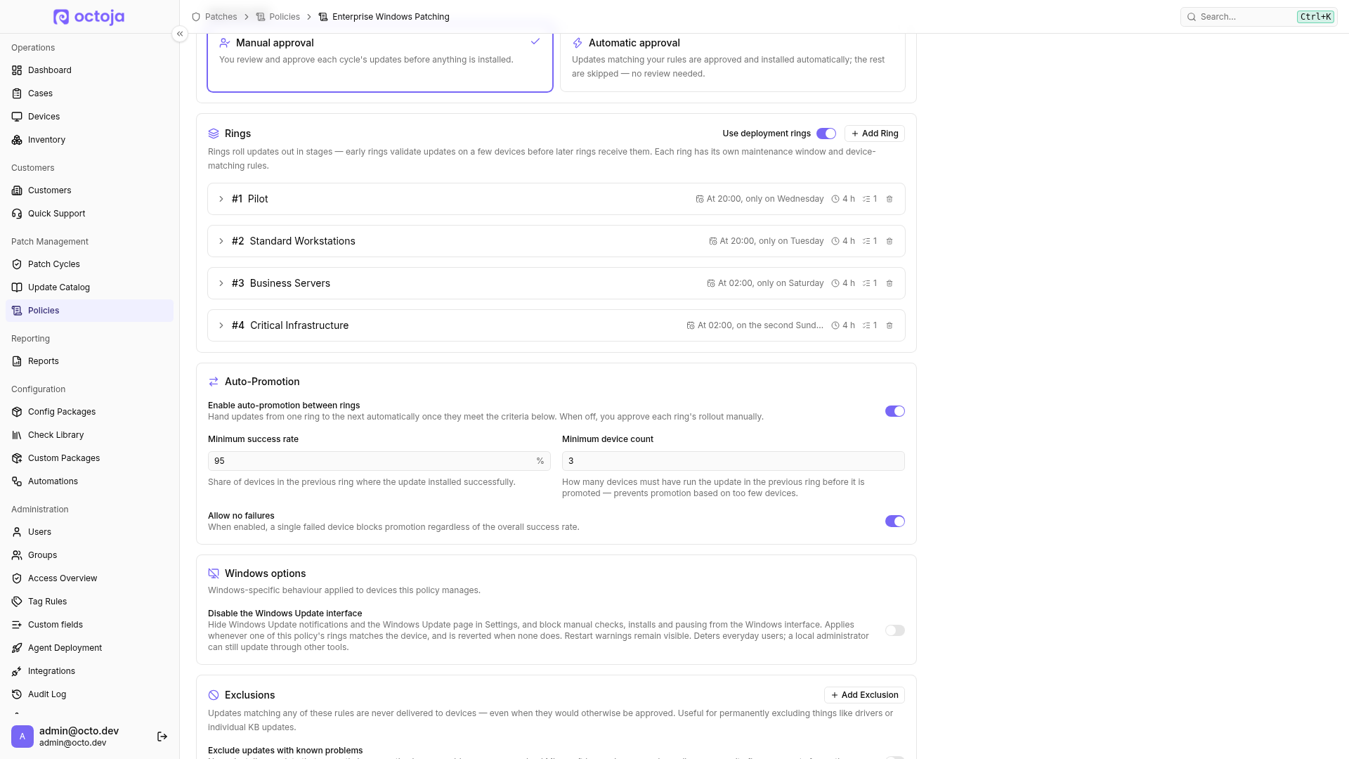 The Enterprise Windows Patching policy editor with manual and automatic approval, four deployment rings, and auto-promotion settings.