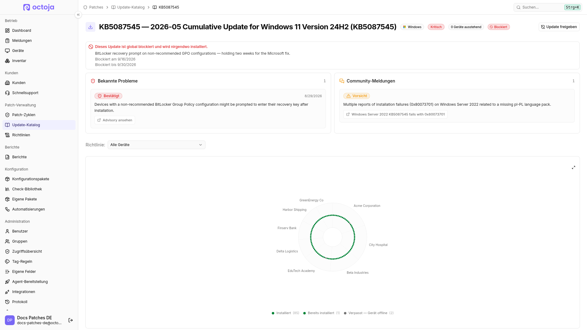 Die Detailseite eines Windows-Updates mit einem bestätigten Eintrag unter „Bekannte Probleme“ und einer Community-Meldung mit dem Schweregrad „Vorsicht“.