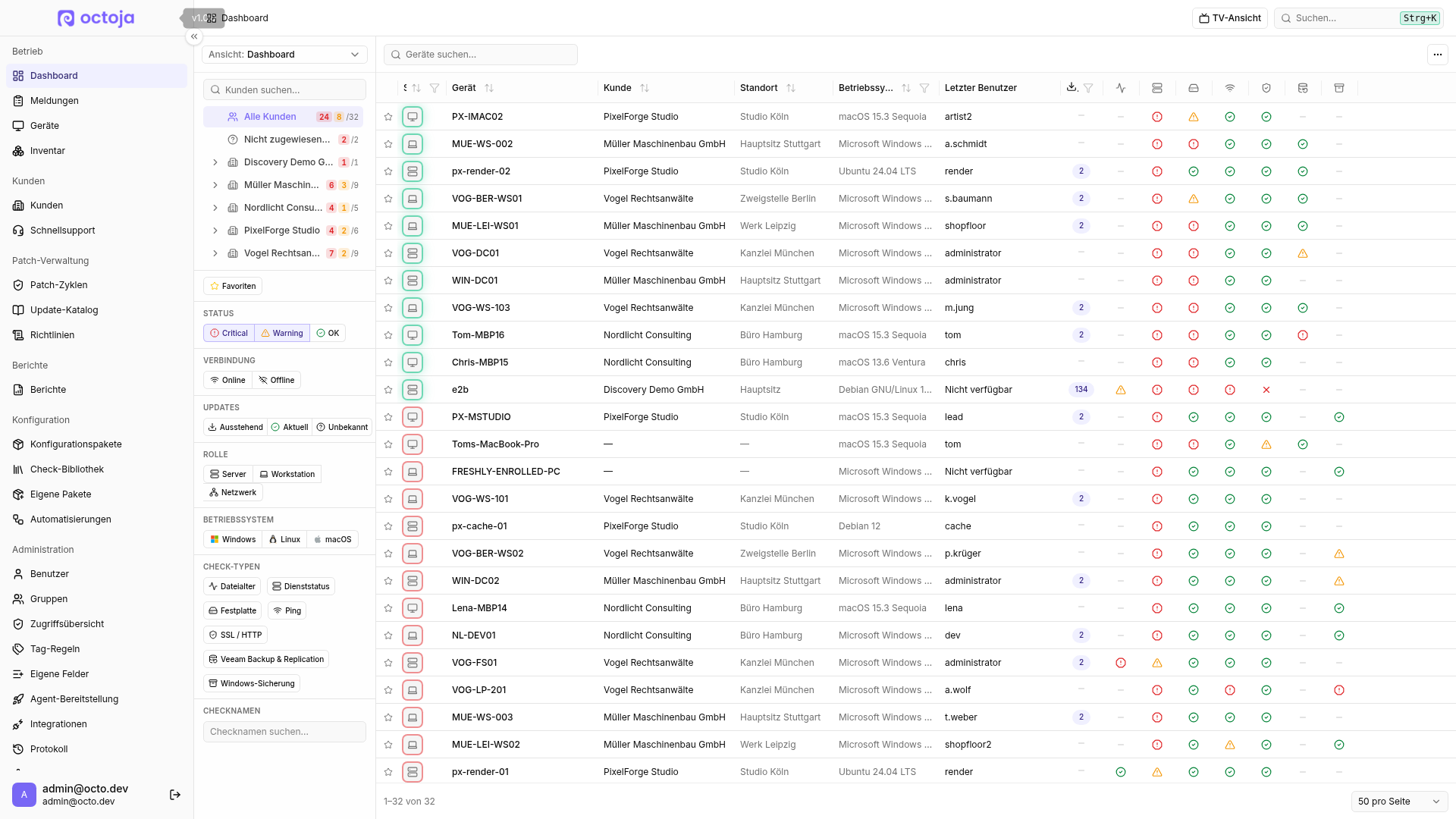 Das Dashboard mit dem eingeblendeten Versions-Tooltip neben dem octoja-Logo in der Seitenleiste.
