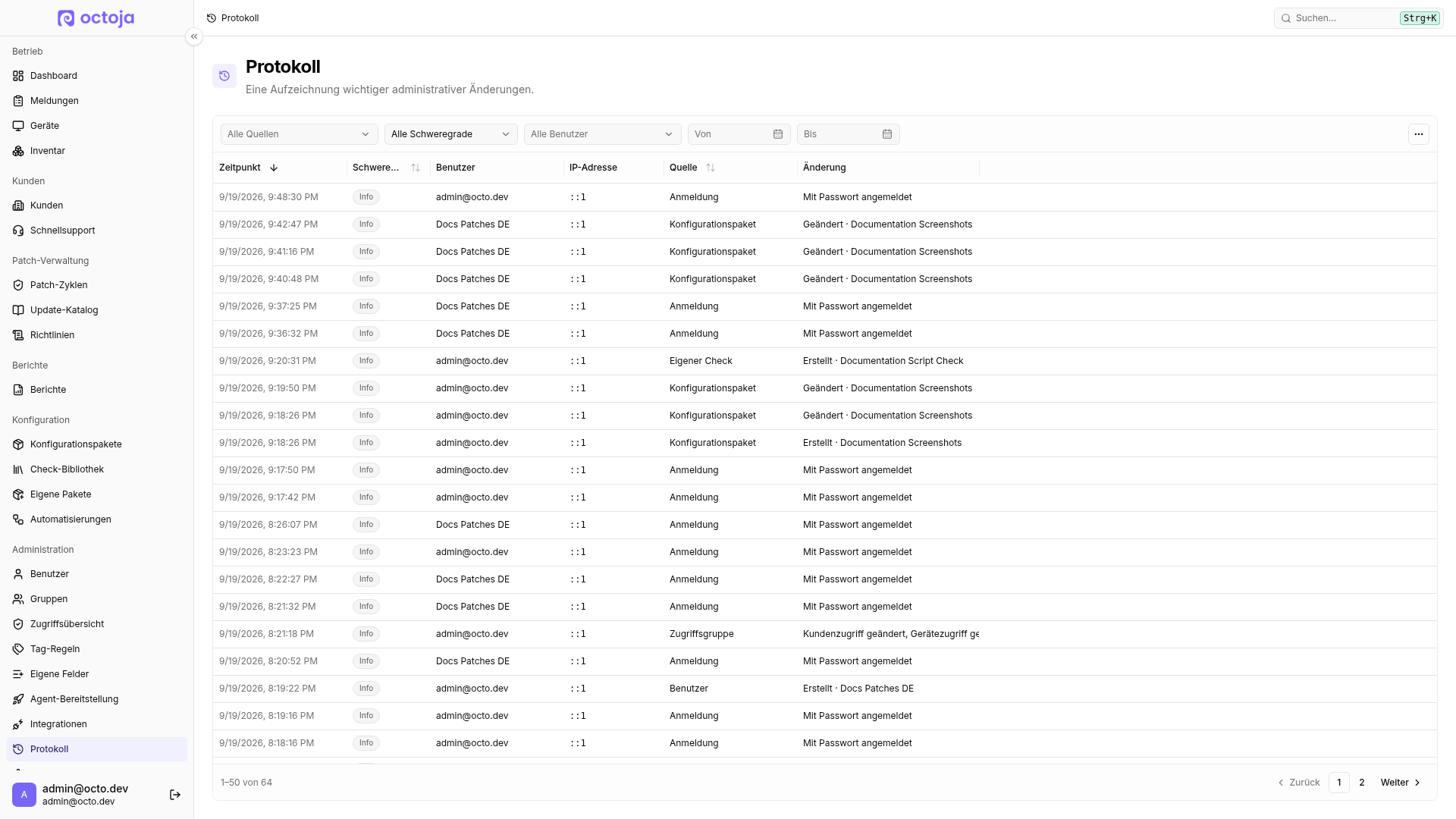 Das gefüllte Protokoll mit Filtern und Einträgen zu Anmeldungen sowie administrativen Änderungen.