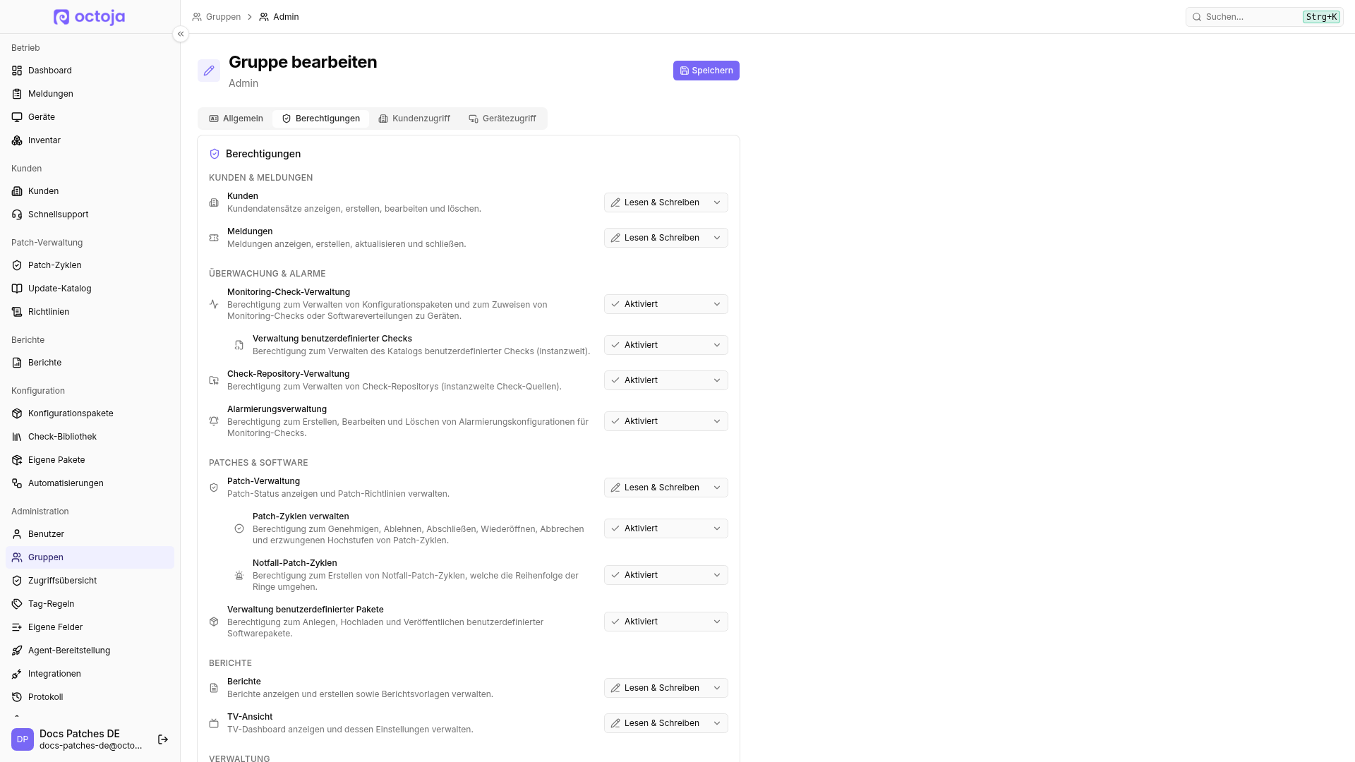 Der Tab Berechtigungen der Gruppe Admin mit nach Funktionsbereich gruppierten Auswahllisten für die Zugriffsebenen und der Schaltfläche Speichern.
