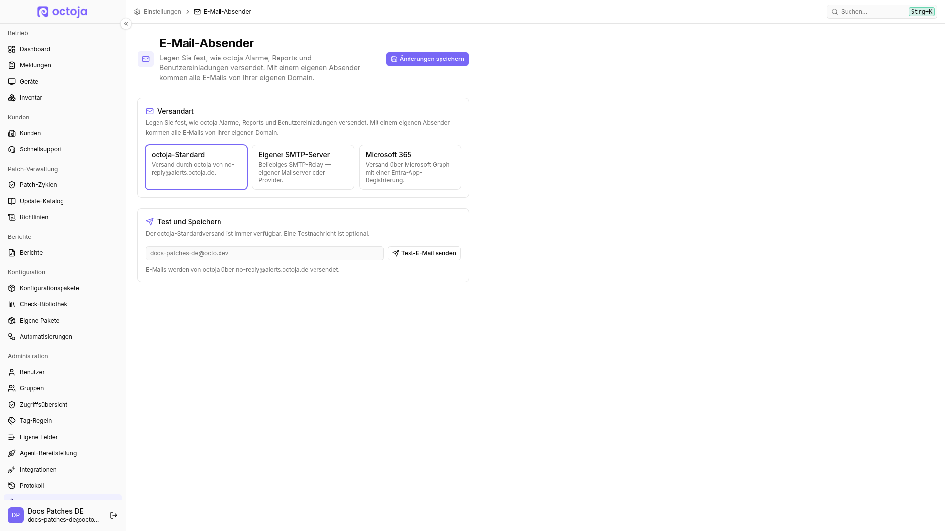 Die Seite „E-Mail-Absender“ mit den Versandmethoden octoja-Standard, benutzerdefiniertes SMTP und Microsoft 365.