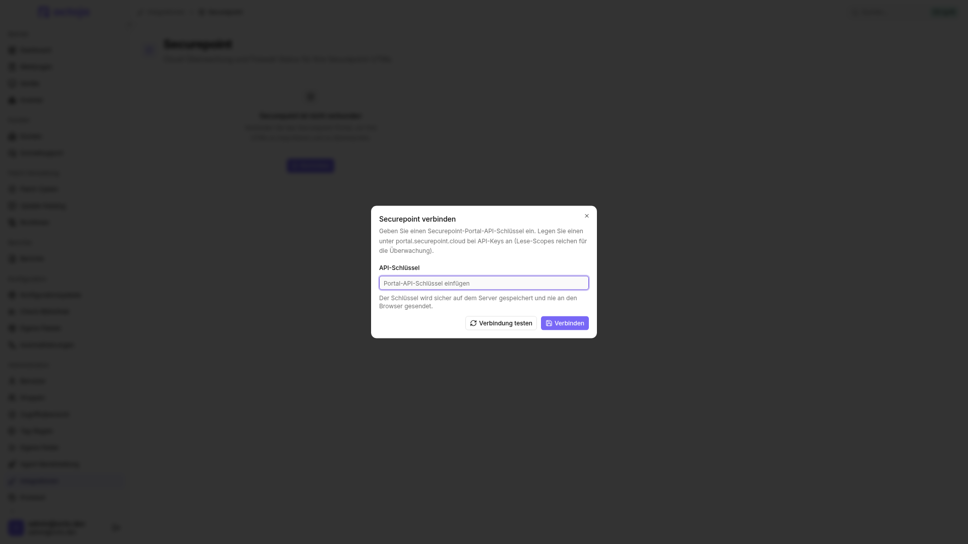 Der Dialog „Securepoint verbinden“ mit einem leeren Feld für den API-Schlüssel sowie den Schaltflächen „Verbindung testen“ und „Verbinden“.
