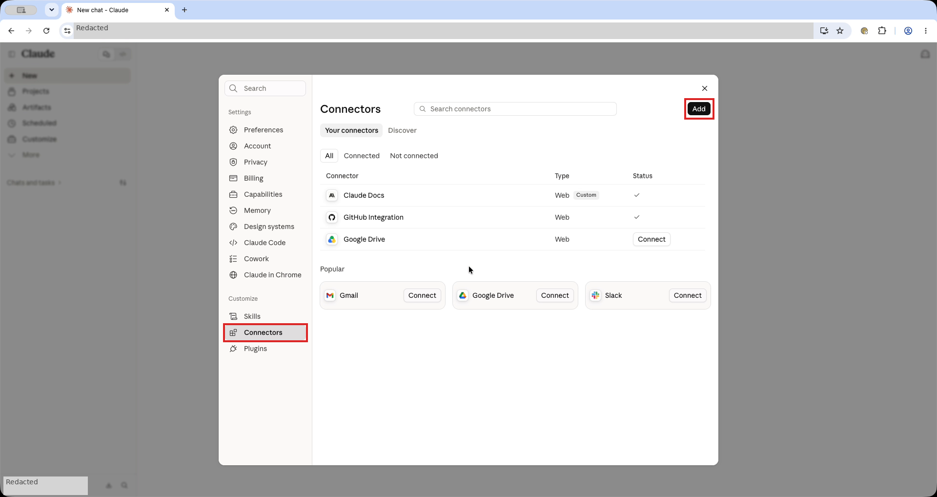 Claude-Einstellungen mit roten Rahmen um Connectors und die Schaltfläche Add