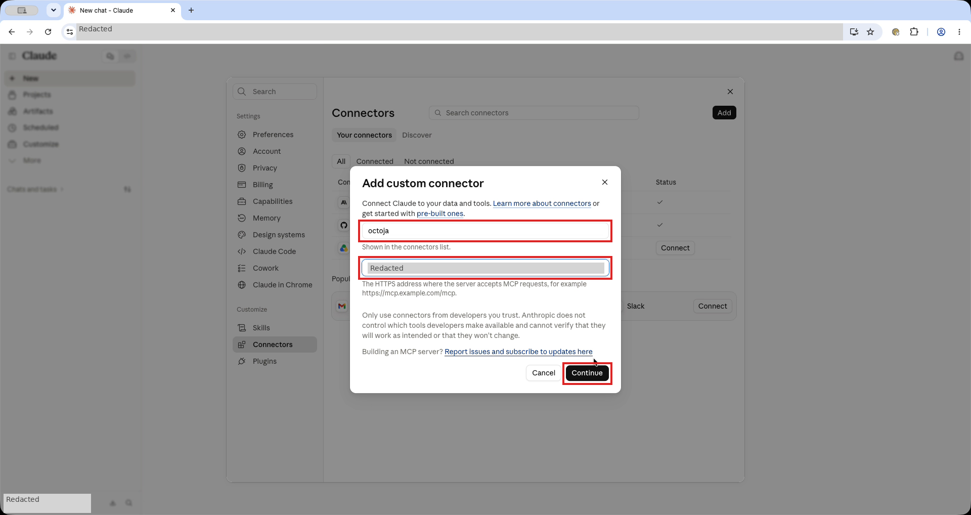 Dialog Add custom connector mit roten Rahmen um Name, Server-URL-Feld und Continue; die Serveradresse ist abgedeckt
