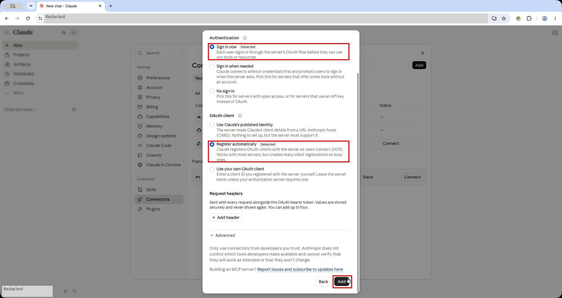 Claude-Anmeldeoptionen mit roten Rahmen um Sign in now, Register automatically und Add