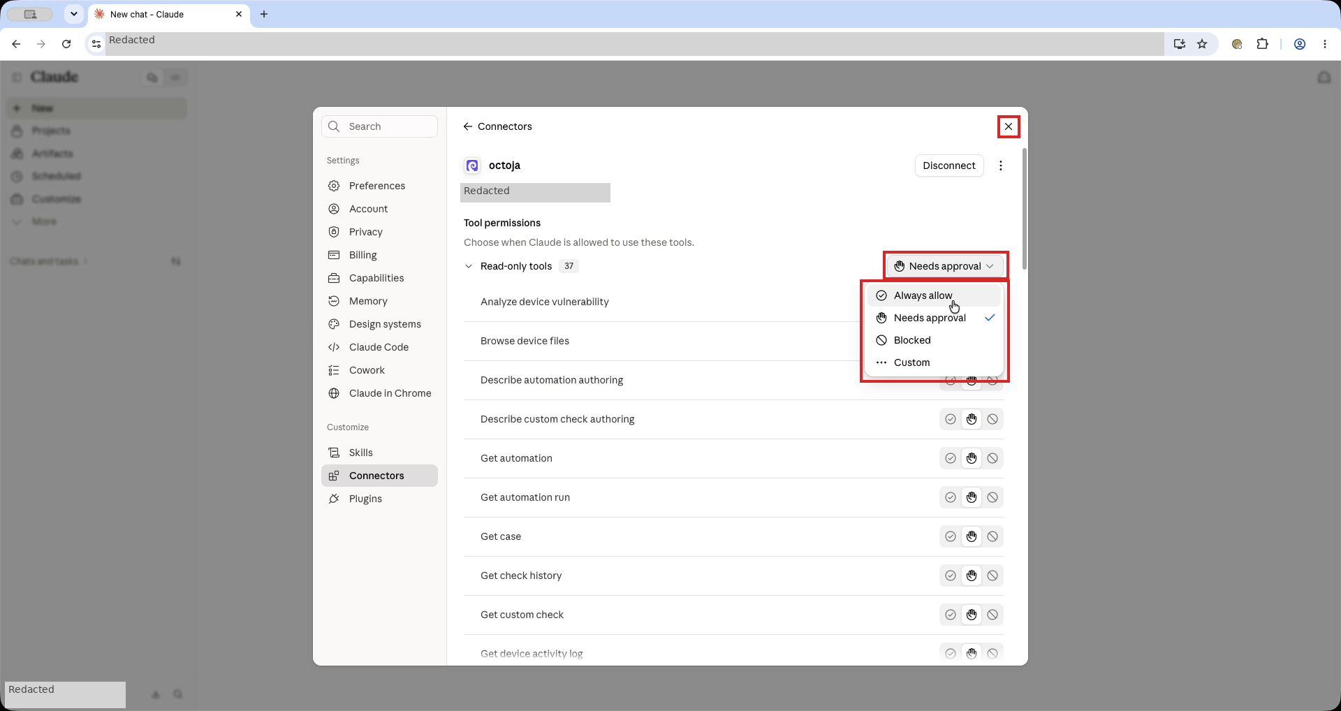 Claude-Seite Tool permissions mit roten Rahmen um das Auswahlmenü für Read-only tools, seine vier Optionen und die Schaltfläche zum Schließen