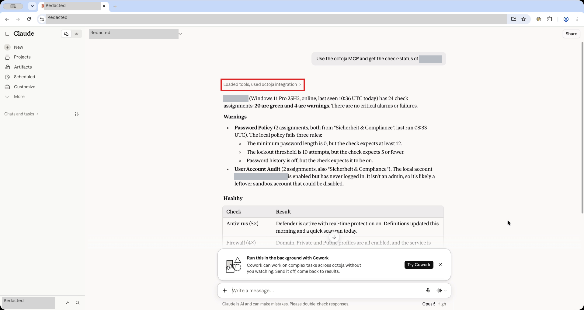 Claude-Testfrage und Monitoring-Zusammenfassung mit einem roten Rahmen um Loaded tools, used octoja integration; Geräte- und Kontonamen sowie der Unterhaltungstitel sind abgedeckt